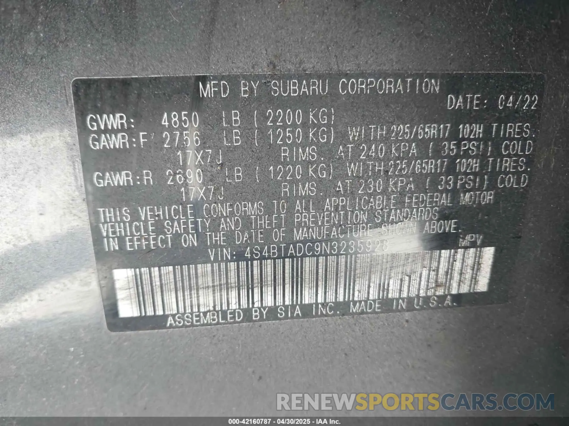 9 Фотография поврежденного автомобиля 4S4BTADC9N3235928 SUBARU OUTBACK 2022