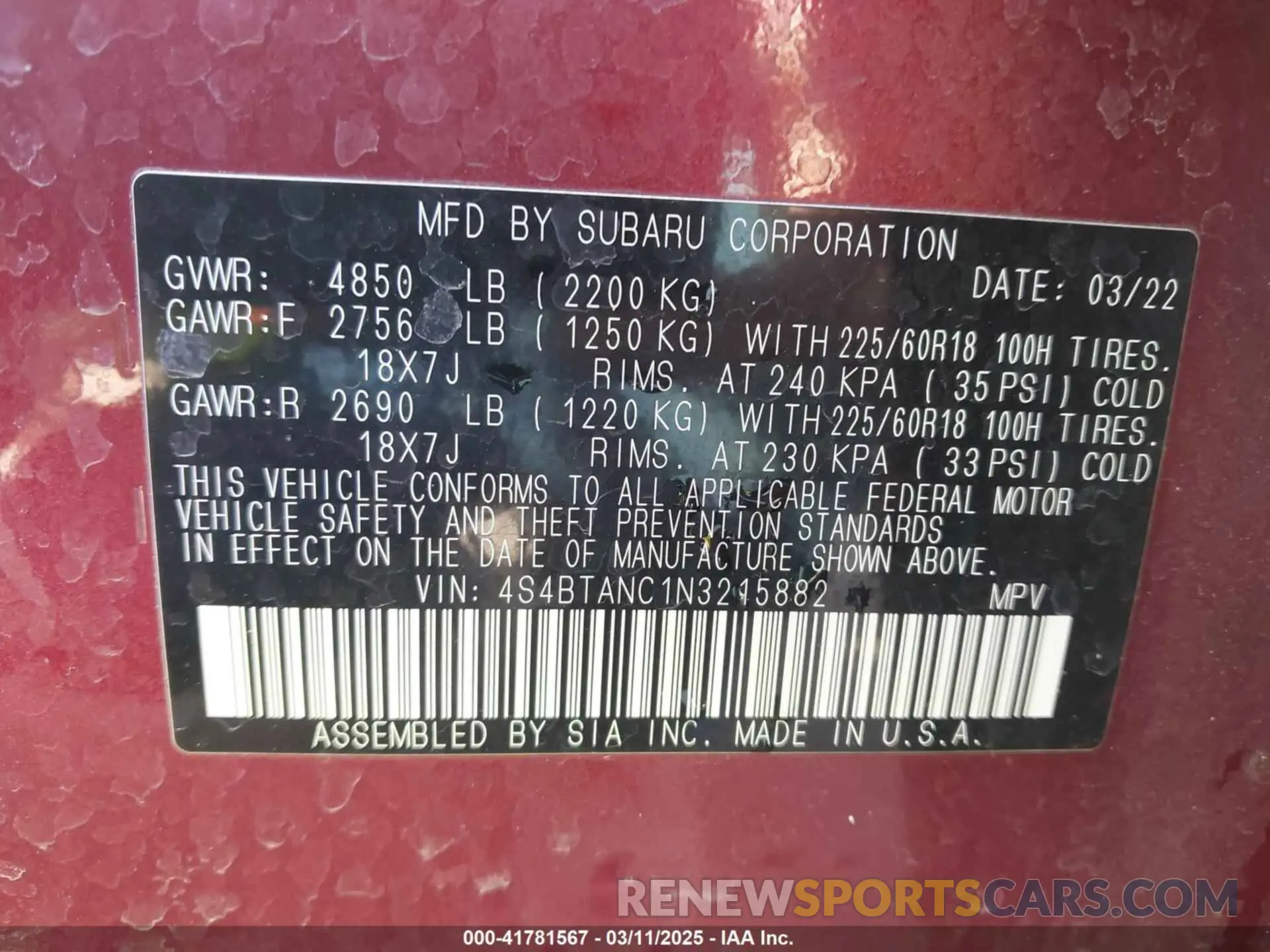 9 Photograph of a damaged car 4S4BTANC1N3215882 SUBARU OUTBACK 2022