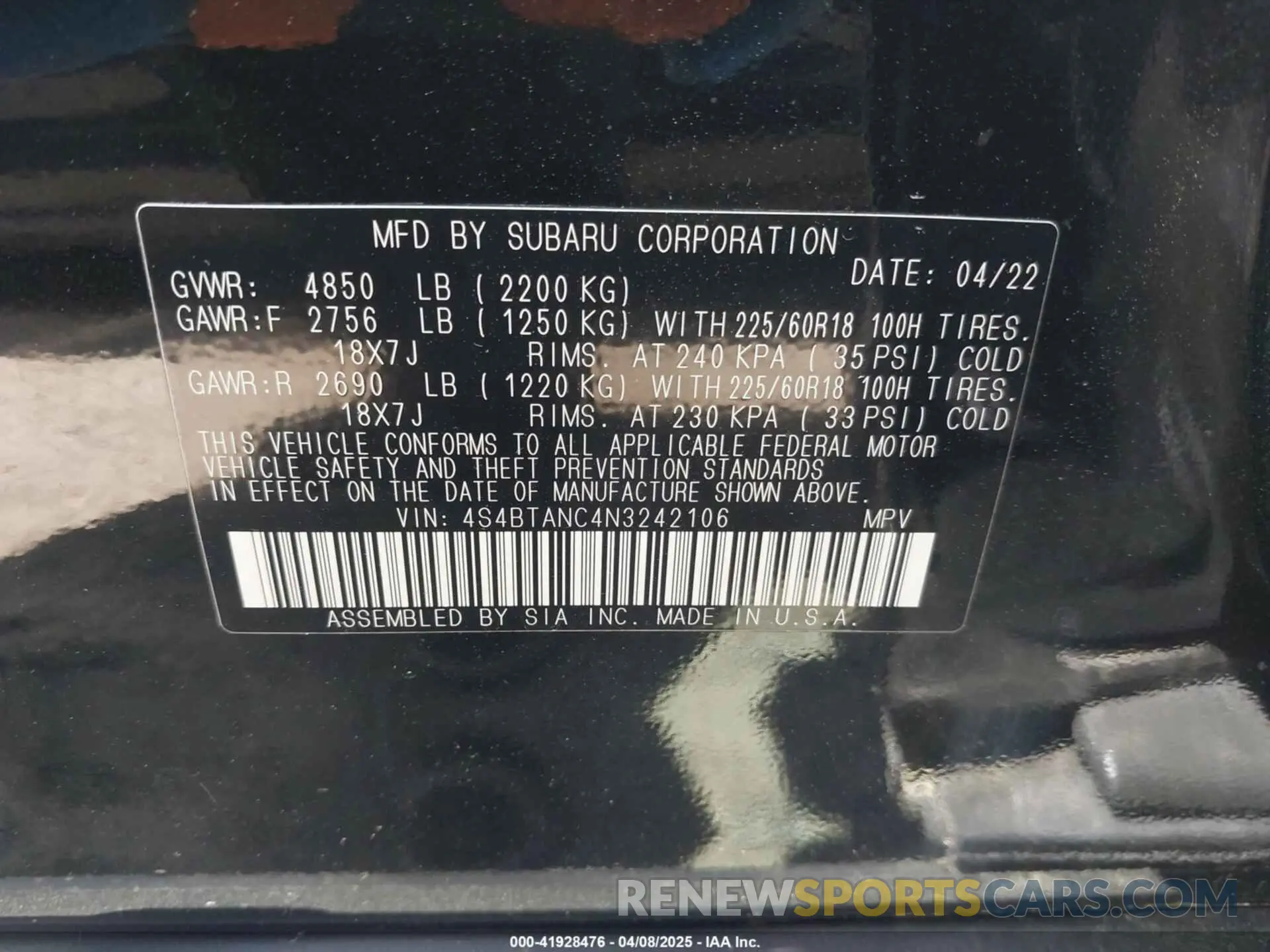 9 Фотография поврежденного автомобиля 4S4BTANC4N3242106 SUBARU OUTBACK 2022