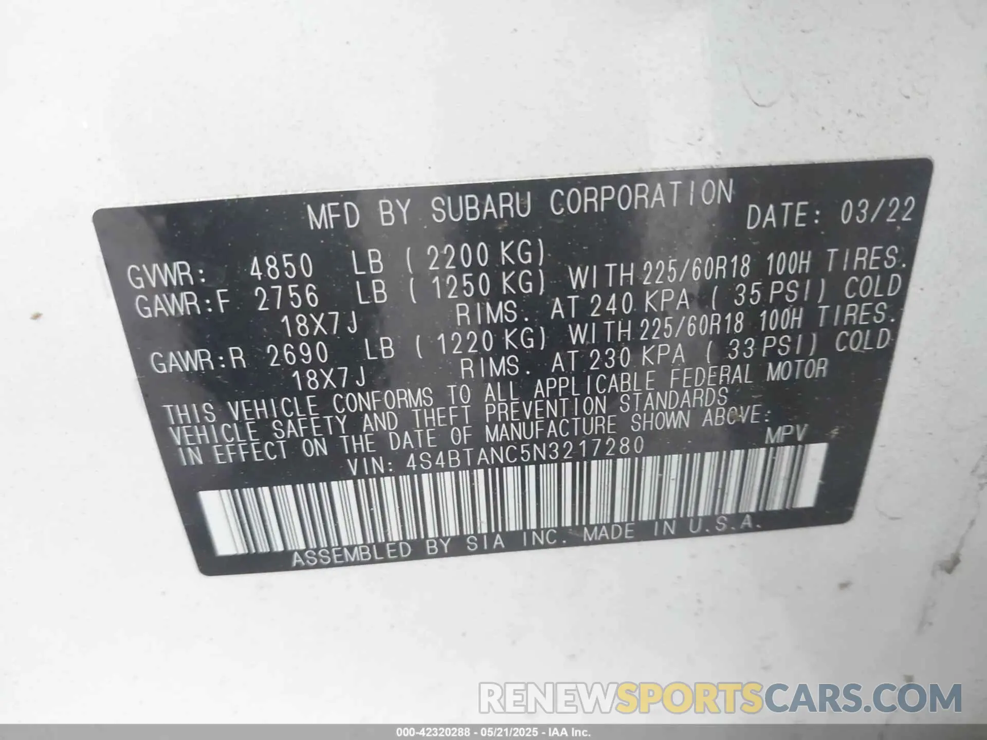 9 Photograph of a damaged car 4S4BTANC5N3217280 SUBARU OUTBACK 2022