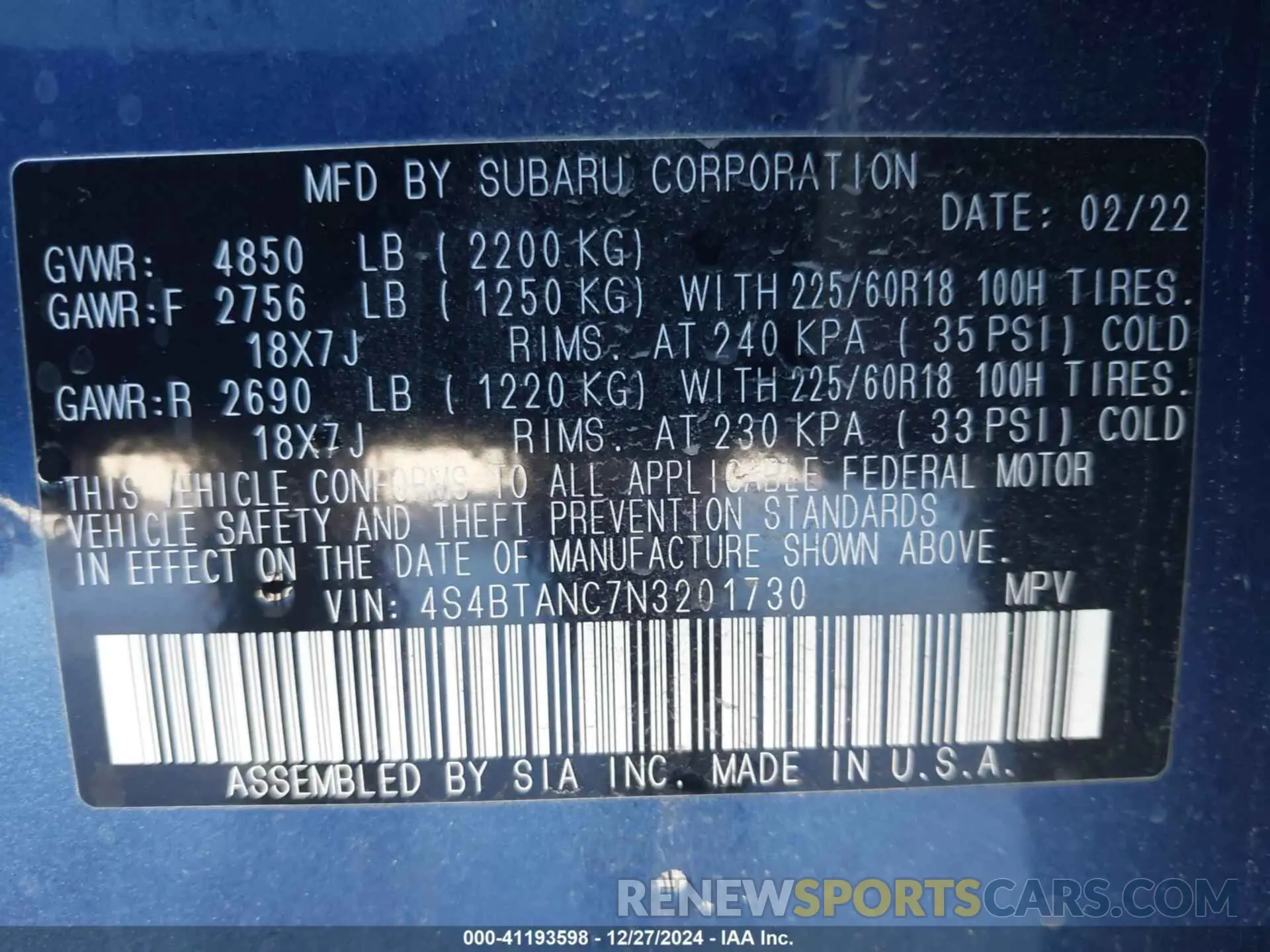 9 Фотография поврежденного автомобиля 4S4BTANC7N3201730 SUBARU OUTBACK 2022