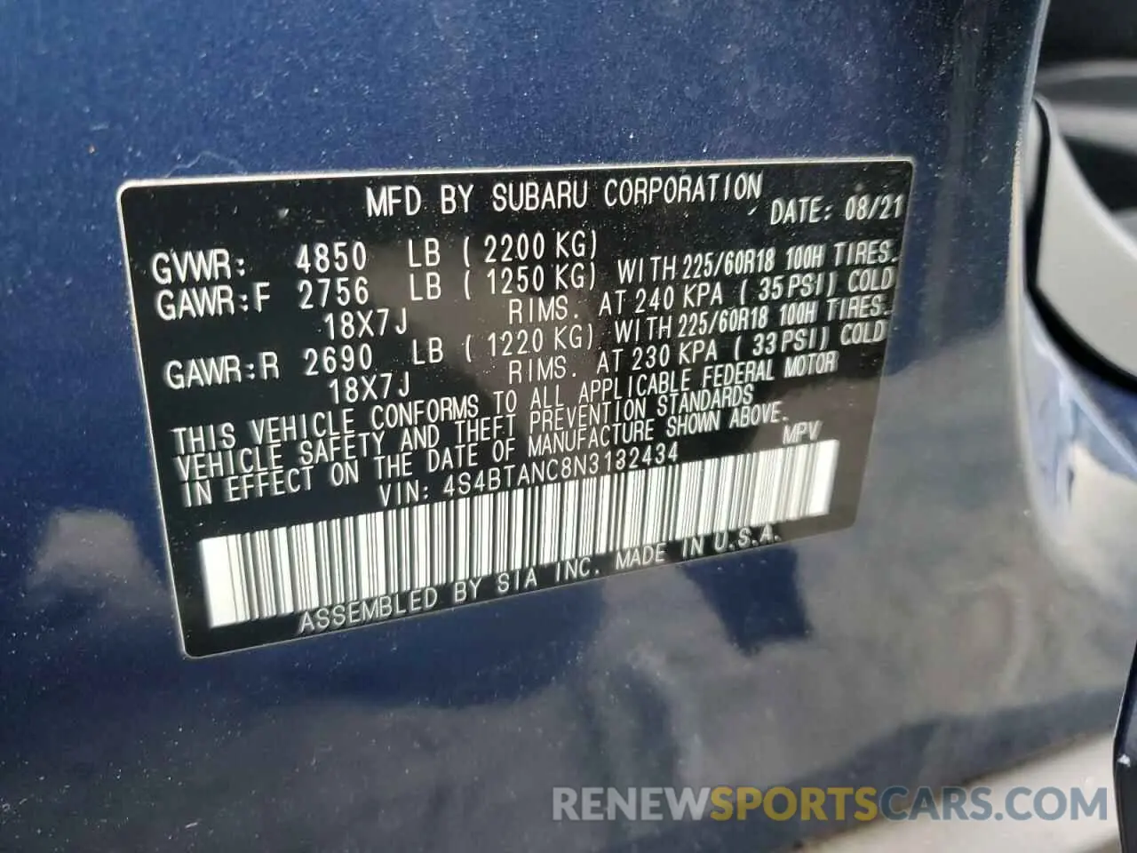 12 Photograph of a damaged car 4S4BTANC8N3132434 SUBARU OUTBACK 2022
