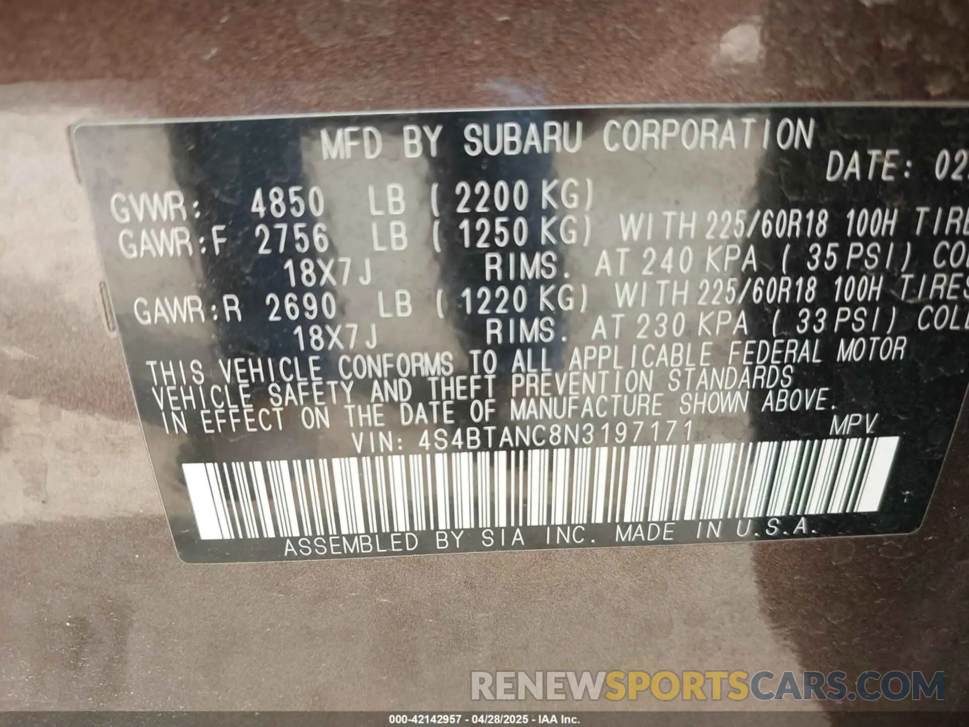 9 Photograph of a damaged car 4S4BTANC8N3197171 SUBARU OUTBACK 2022