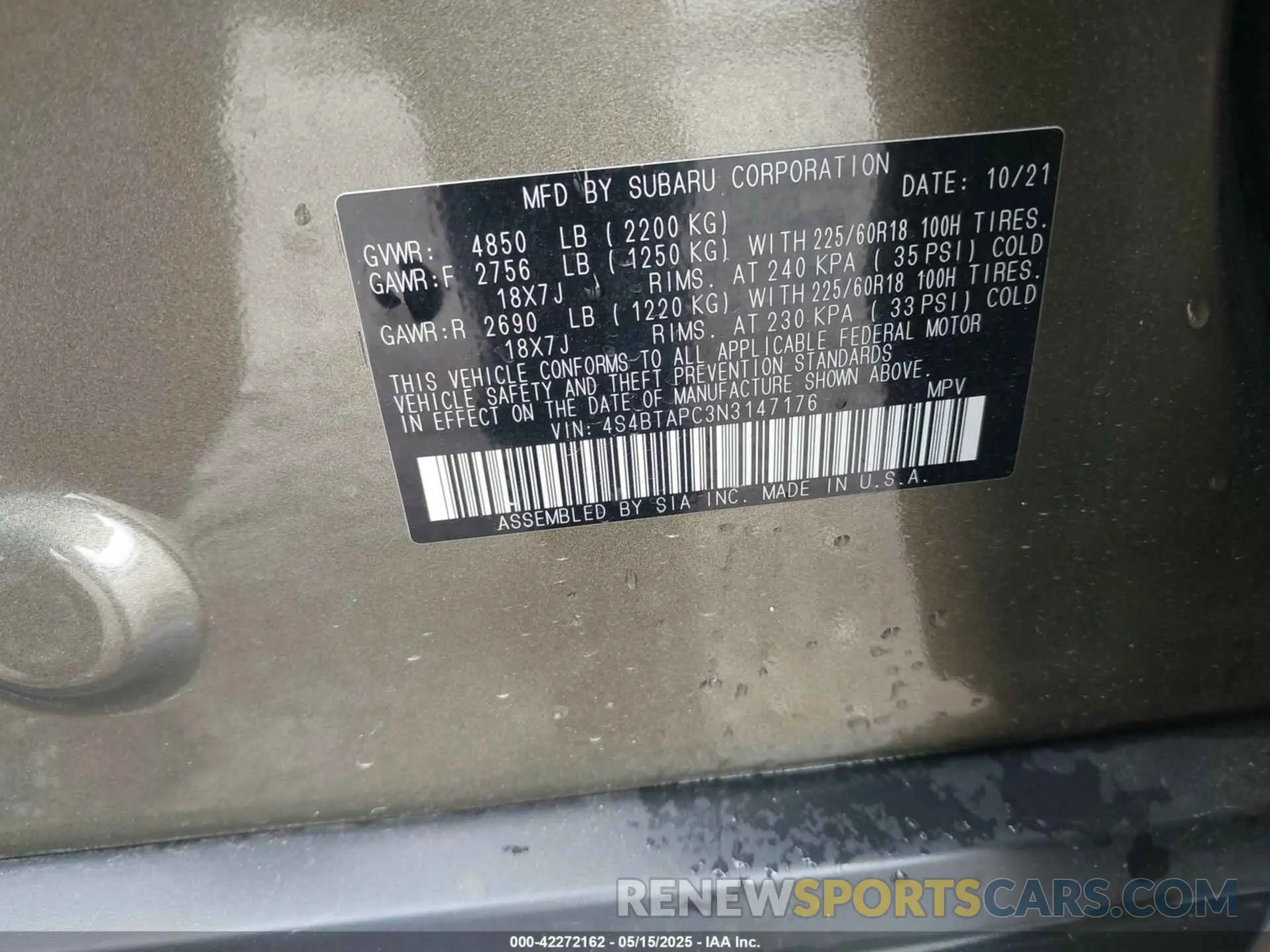 9 Фотография поврежденного автомобиля 4S4BTAPC3N3147176 SUBARU OUTBACK 2022
