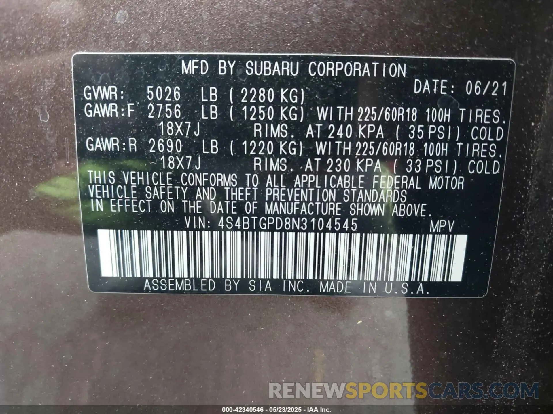 9 Фотография поврежденного автомобиля 4S4BTGPD8N3104545 SUBARU OUTBACK 2022