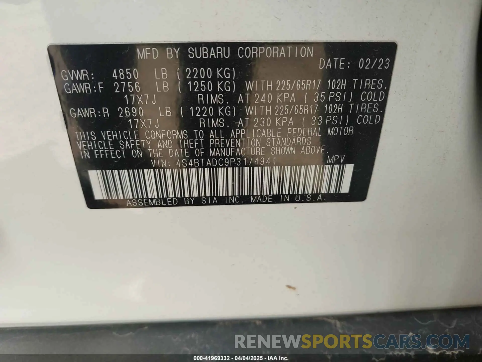 9 Фотография поврежденного автомобиля 4S4BTADC9P3174941 SUBARU OUTBACK 2023