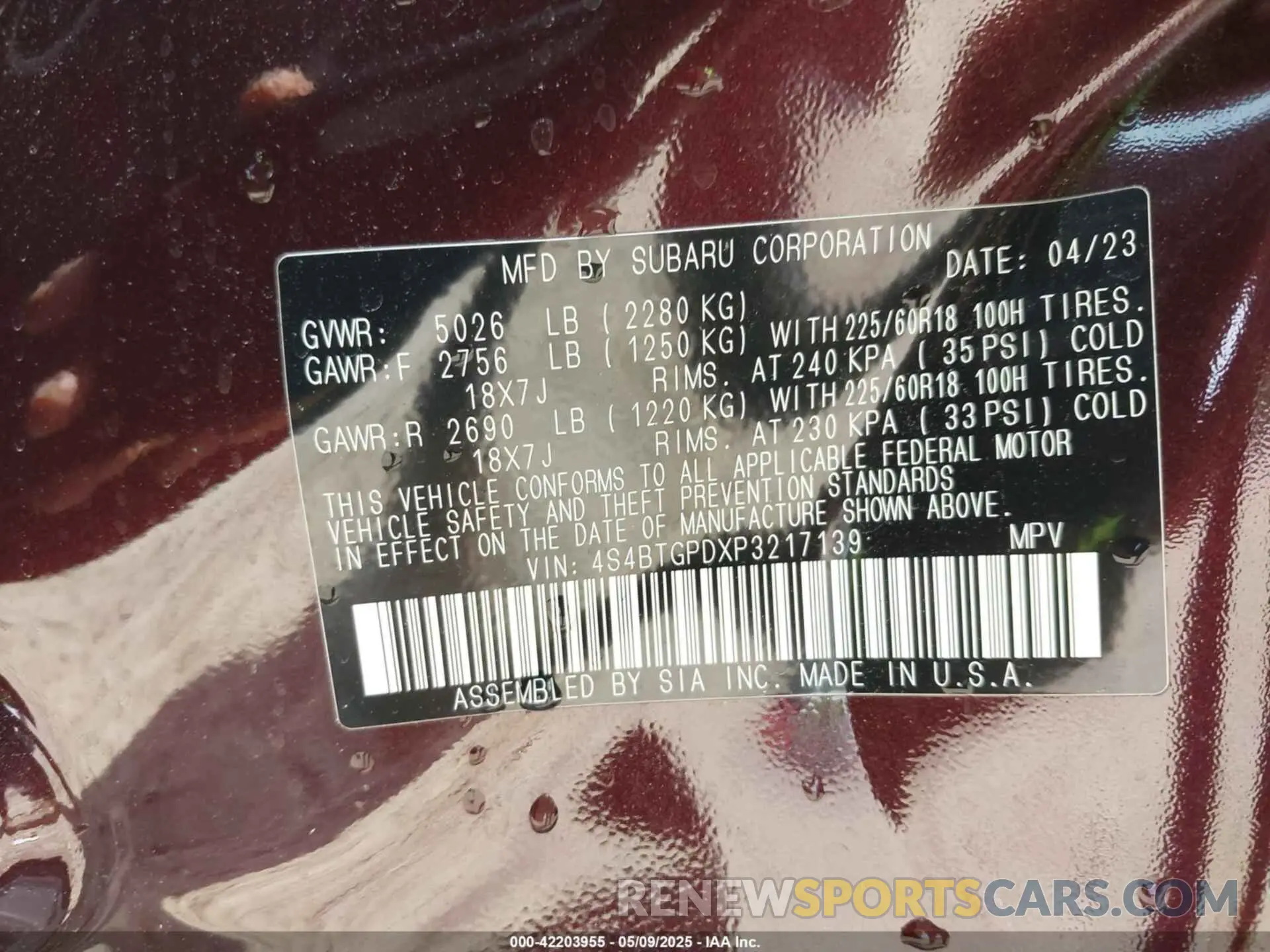 9 Photograph of a damaged car 4S4BTGPDXP3217139 SUBARU OUTBACK 2023