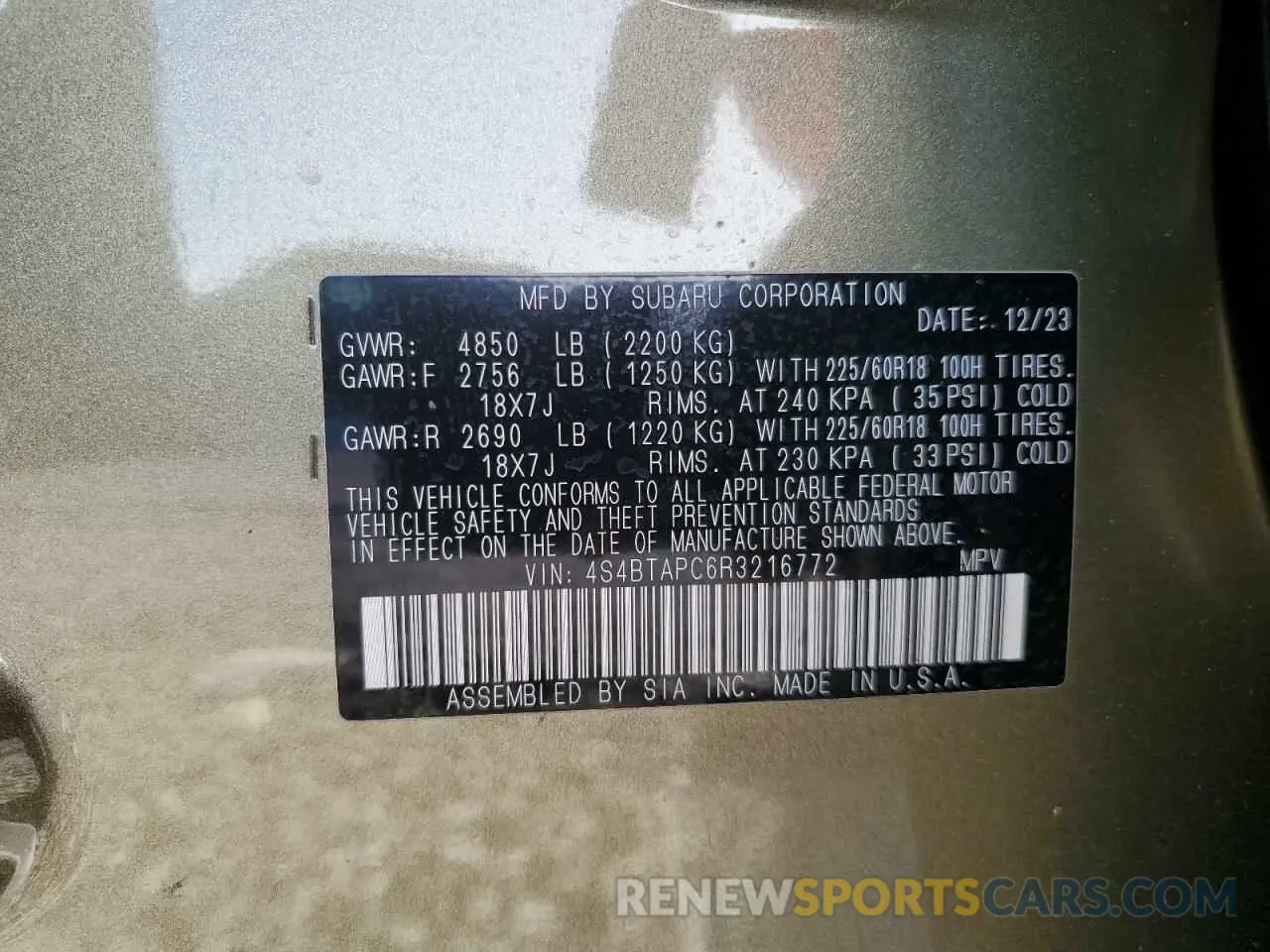 13 Фотография поврежденного автомобиля 4S4BTAPC6R3216772 SUBARU OUTBACK 2024