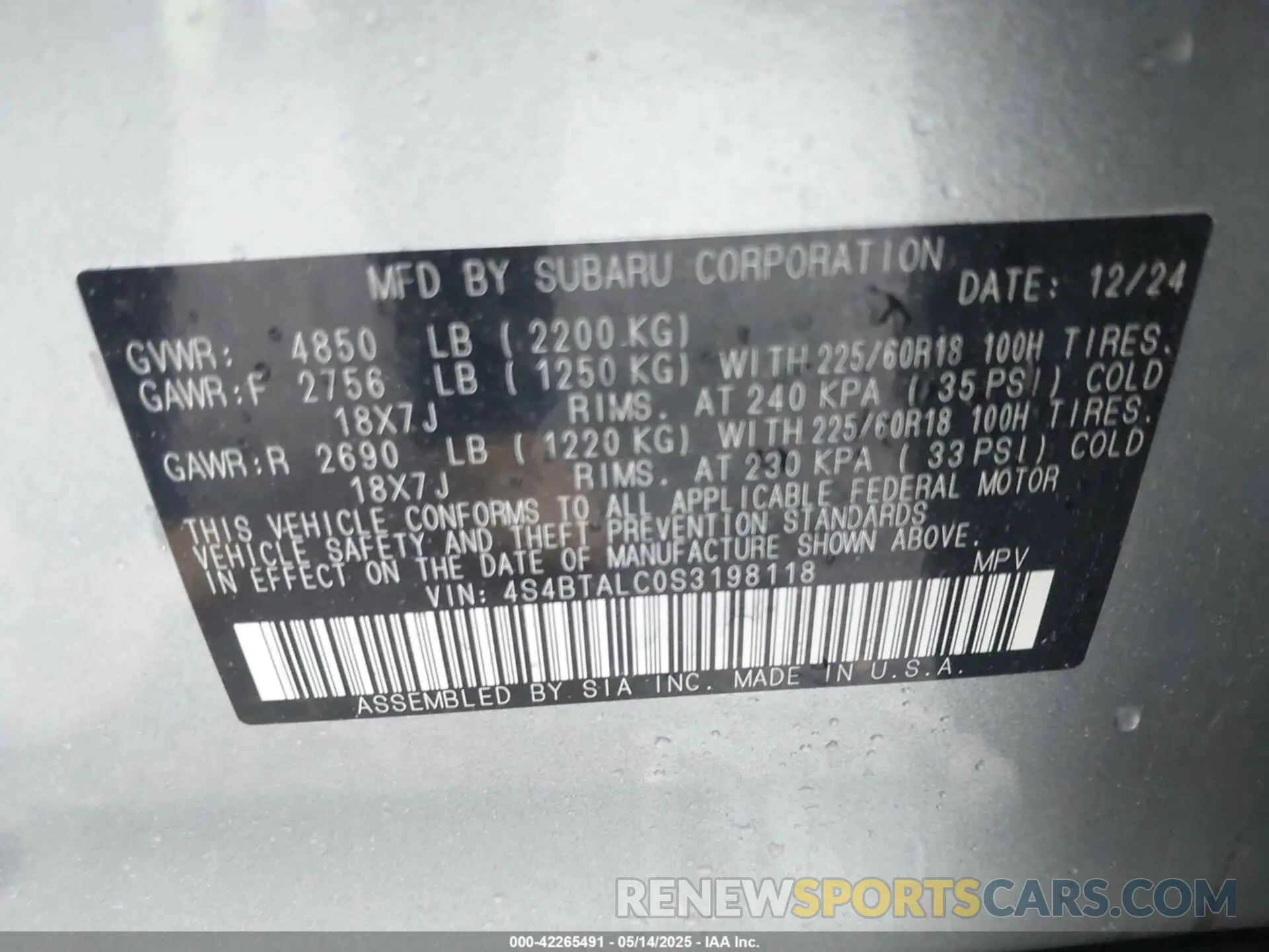 9 Photograph of a damaged car 4S4BTALC0S3198118 SUBARU OUTBACK 2025