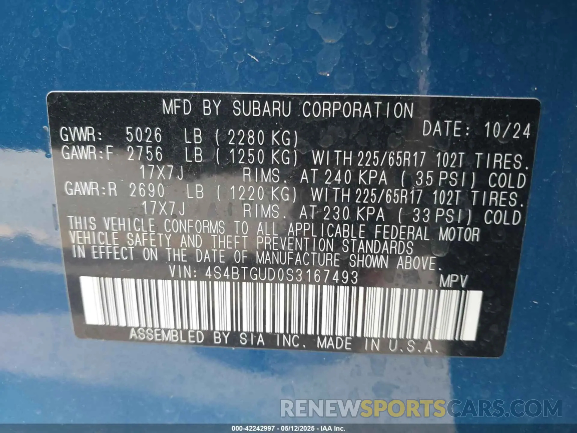 9 Фотография поврежденного автомобиля 4S4BTGUD0S3167493 SUBARU OUTBACK 2025