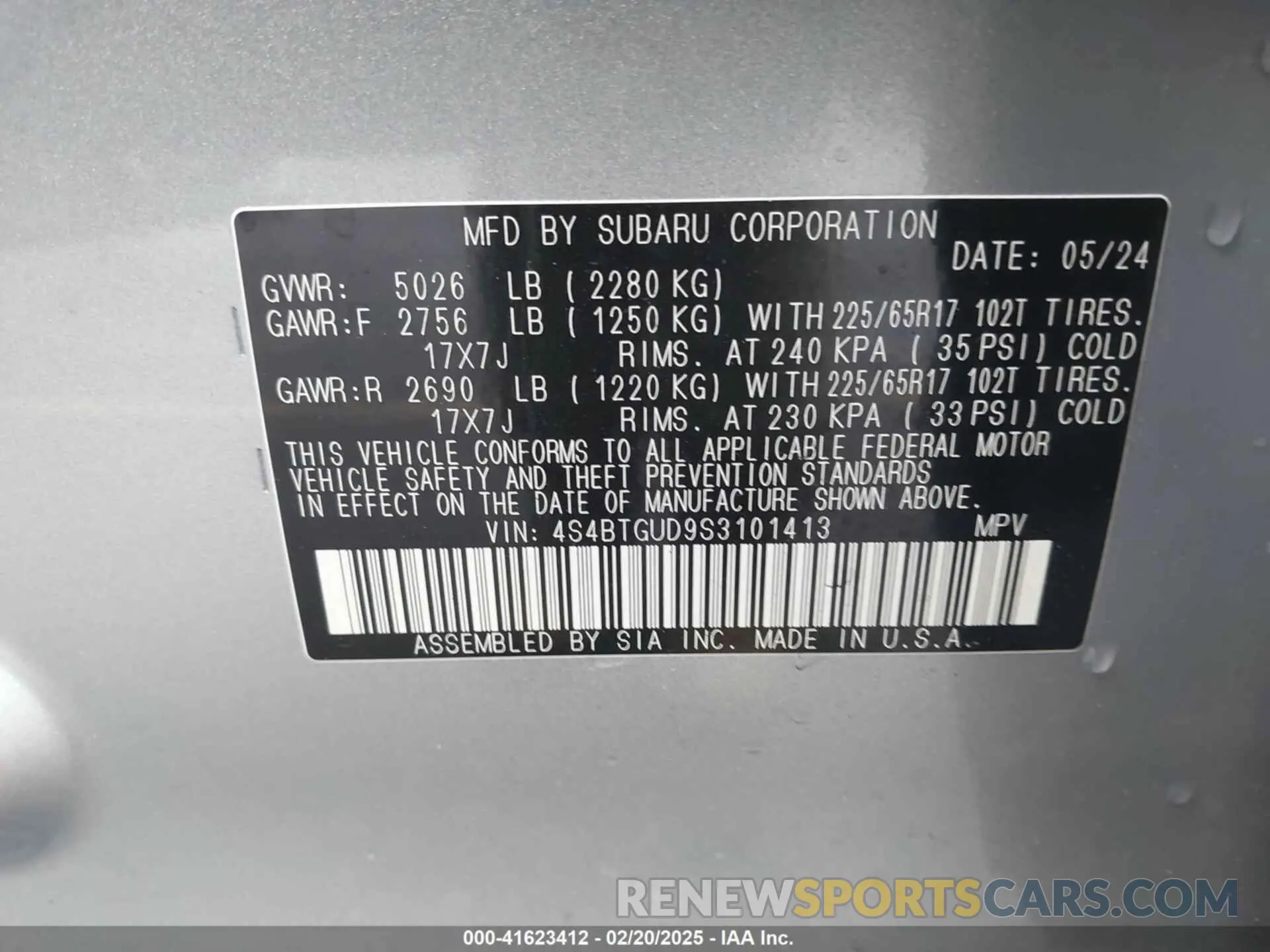 9 Фотография поврежденного автомобиля 4S4BTGUD9S3101413 SUBARU OUTBACK 2025