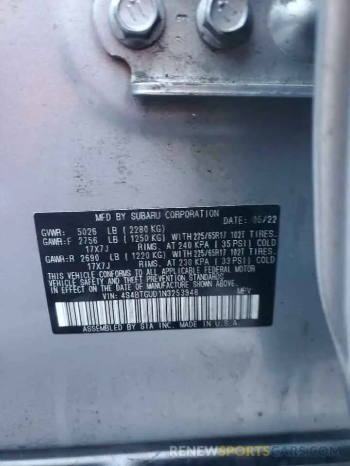 13 Photograph of a damaged car 4S4BTGUD1N3253948 SUBARU OUTBACK WI 2022