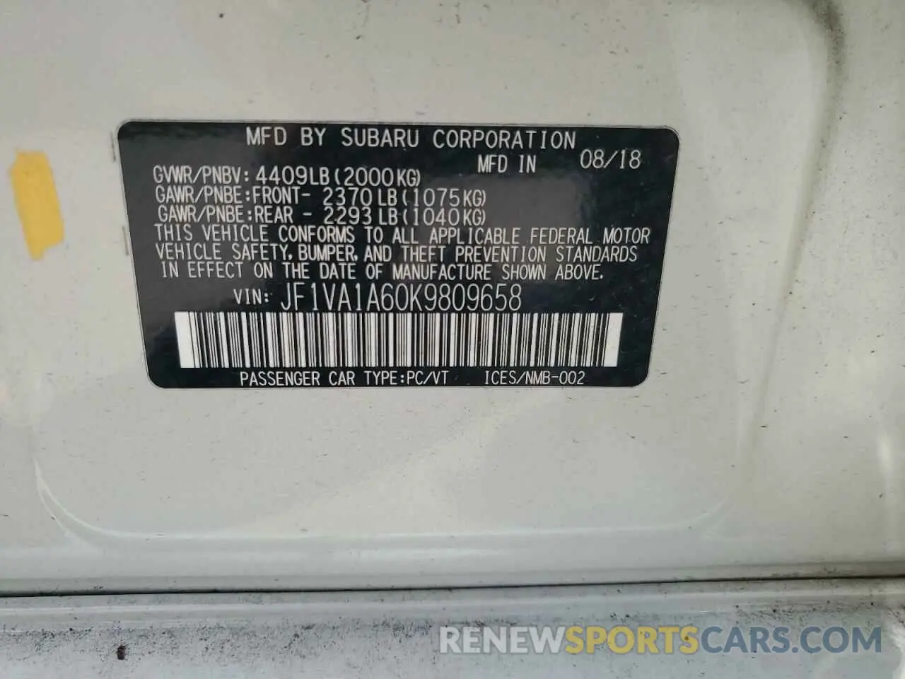 12 Photograph of a damaged car JF1VA1A60K9809658 SUBARU WRX 2019