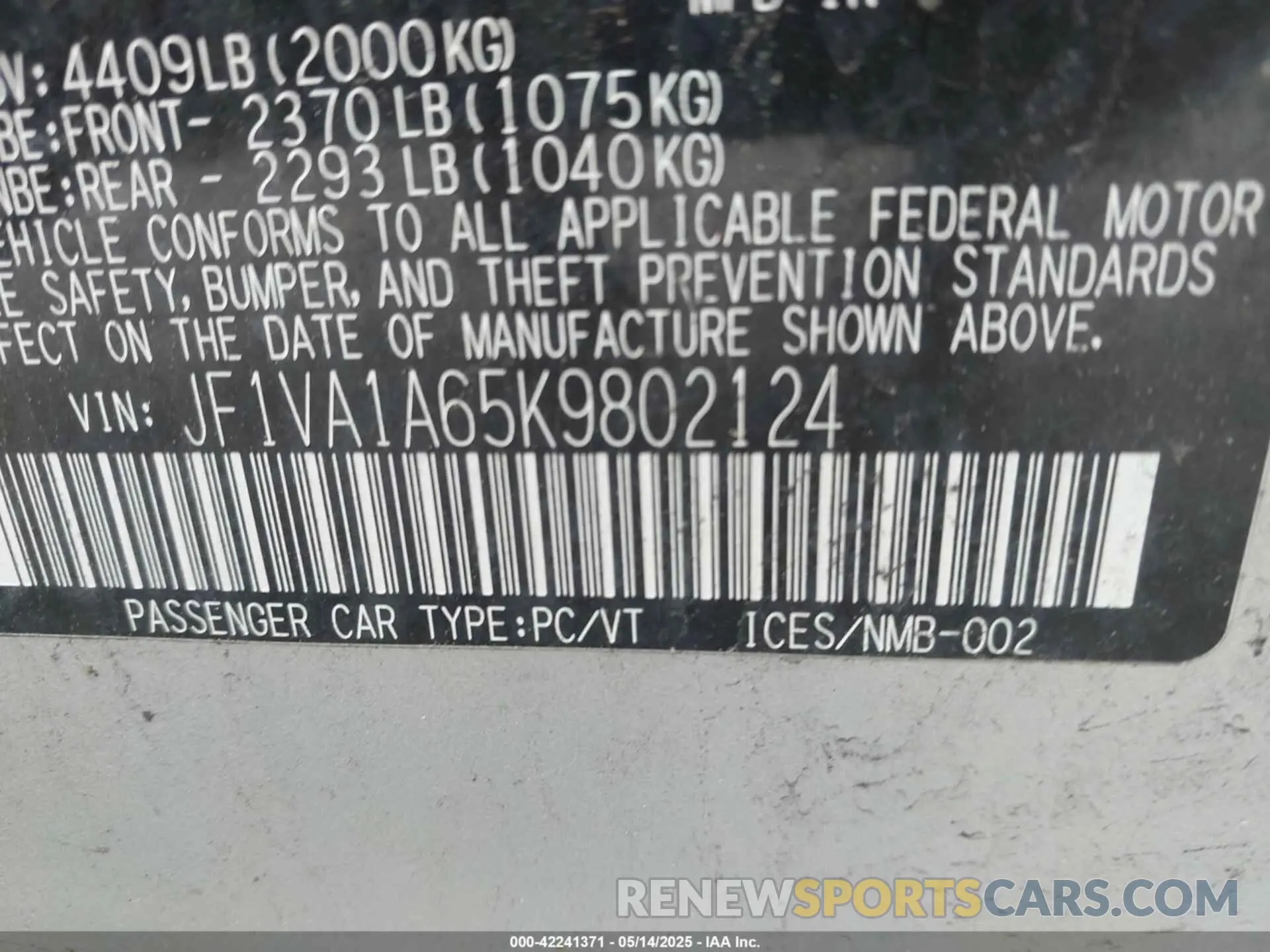 9 Photograph of a damaged car JF1VA1A65K9802124 SUBARU WRX 2019