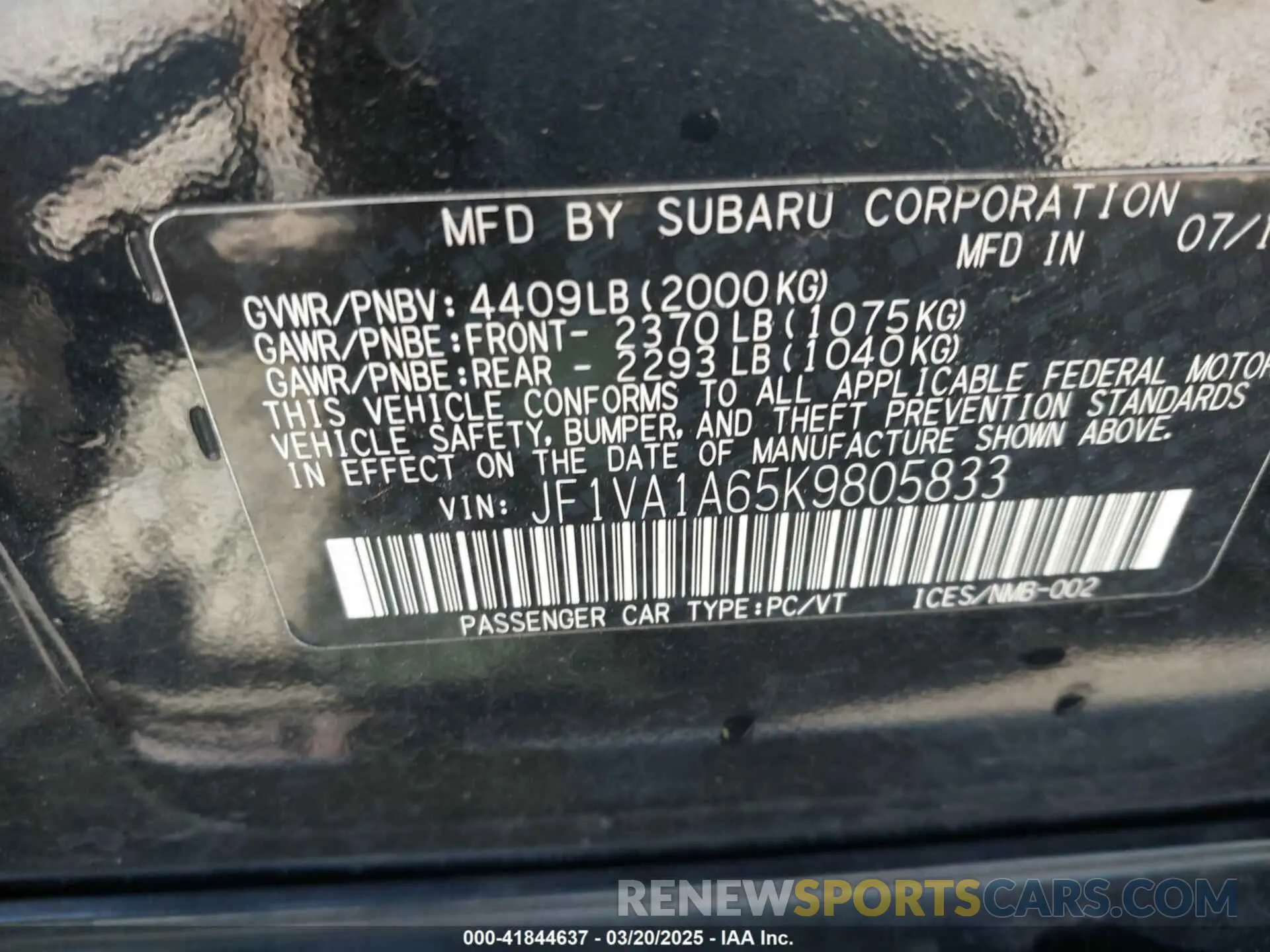 9 Photograph of a damaged car JF1VA1A65K9805833 SUBARU WRX 2019