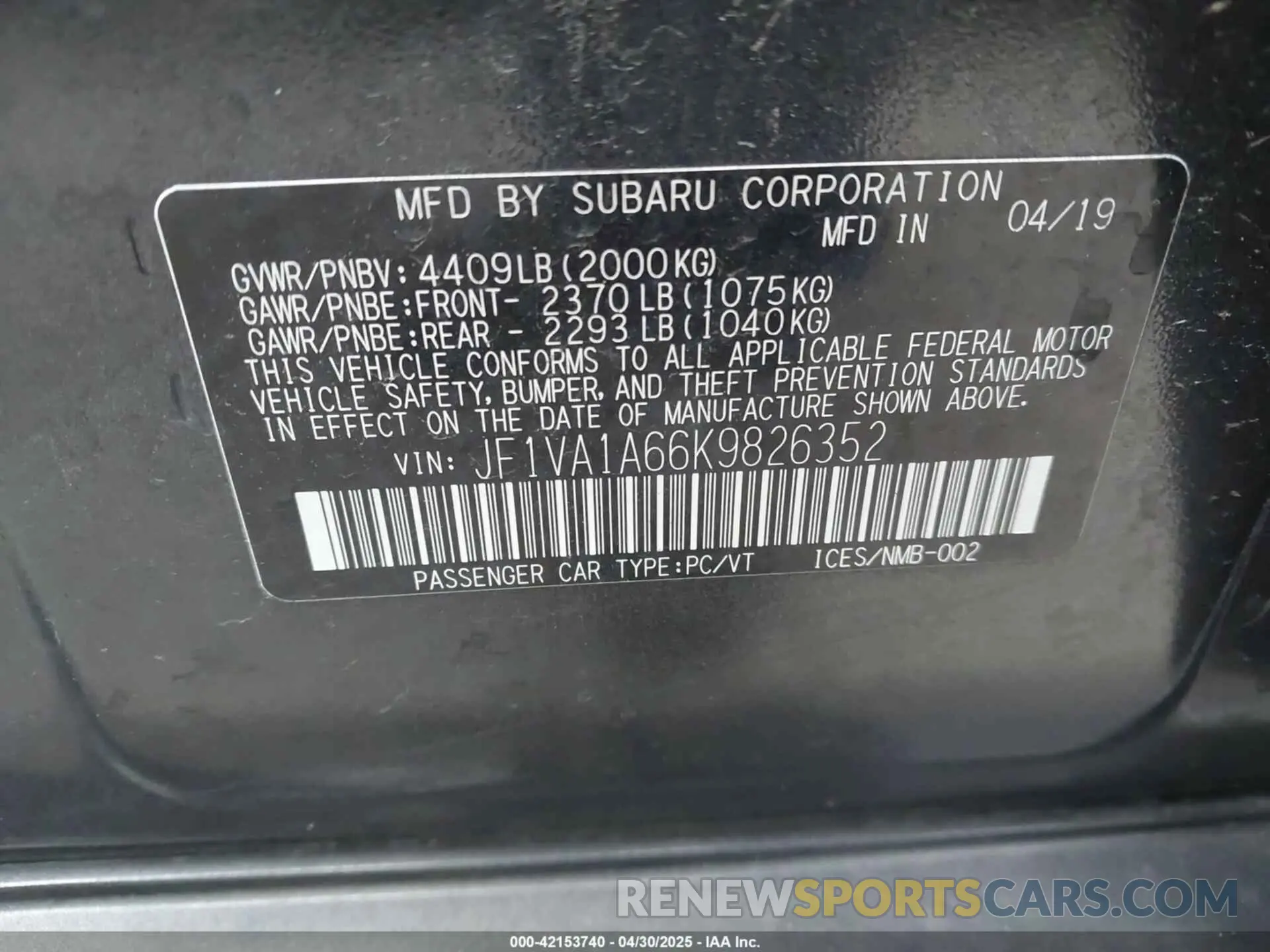 9 Фотография поврежденного автомобиля JF1VA1A66K9826352 SUBARU WRX 2019