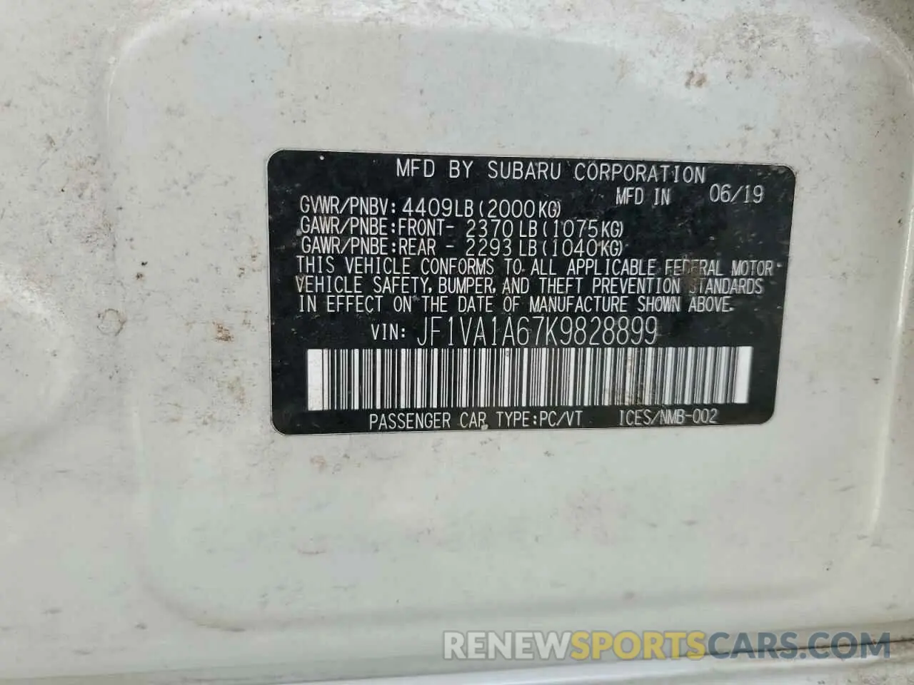 12 Photograph of a damaged car JF1VA1A67K9828899 SUBARU WRX 2019