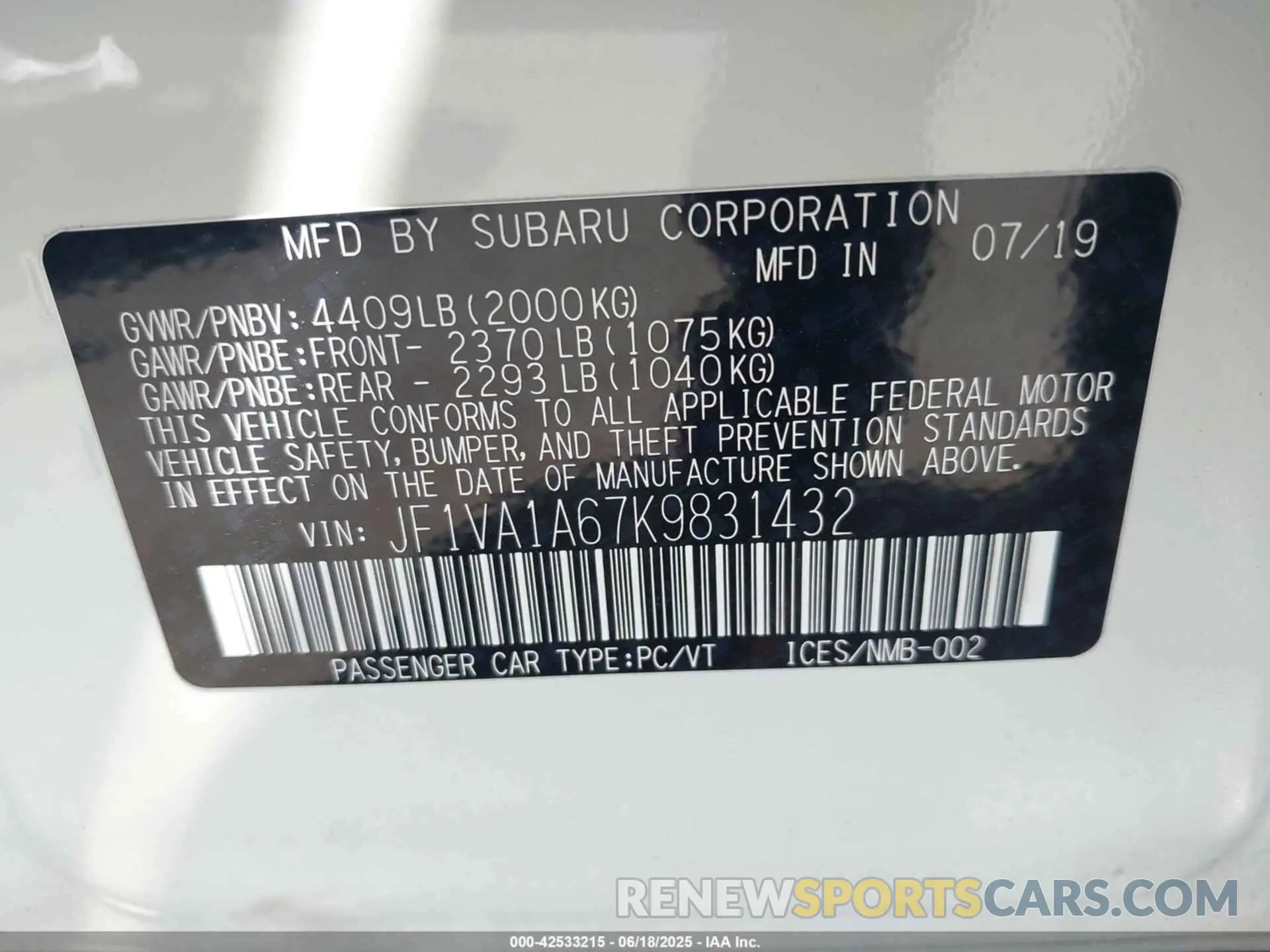 9 Photograph of a damaged car JF1VA1A67K9831432 SUBARU WRX 2019