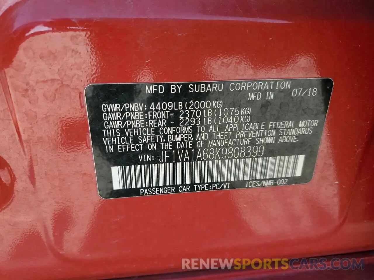 14 Photograph of a damaged car JF1VA1A68K9808399 SUBARU WRX 2019