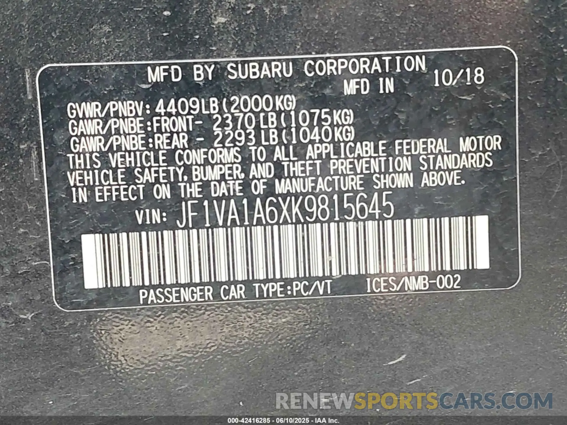 9 Photograph of a damaged car JF1VA1A6XK9815645 SUBARU WRX 2019