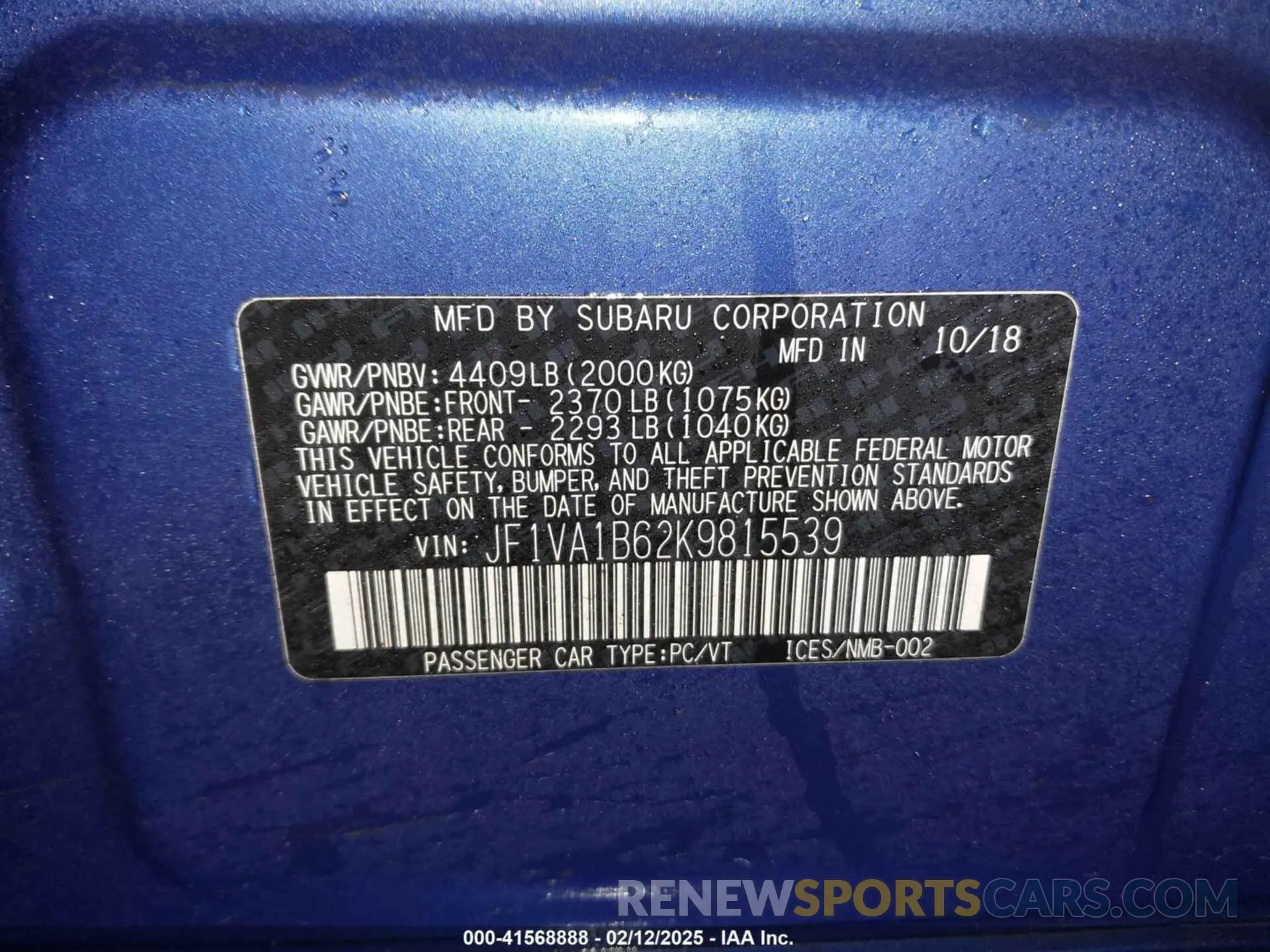 9 Фотография поврежденного автомобиля JF1VA1B62K9815539 SUBARU WRX 2019