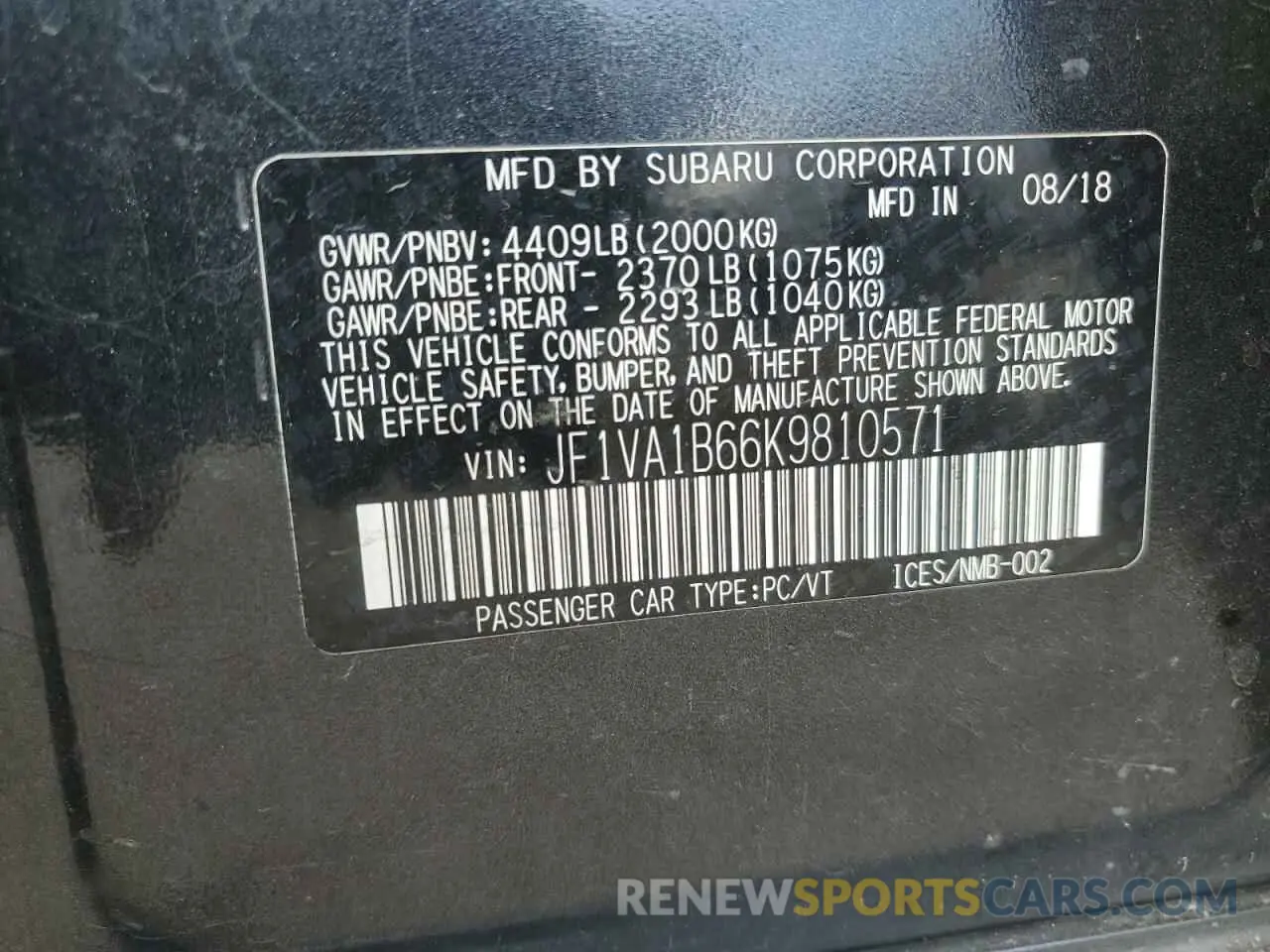12 Photograph of a damaged car JF1VA1B66K9810571 SUBARU WRX 2019