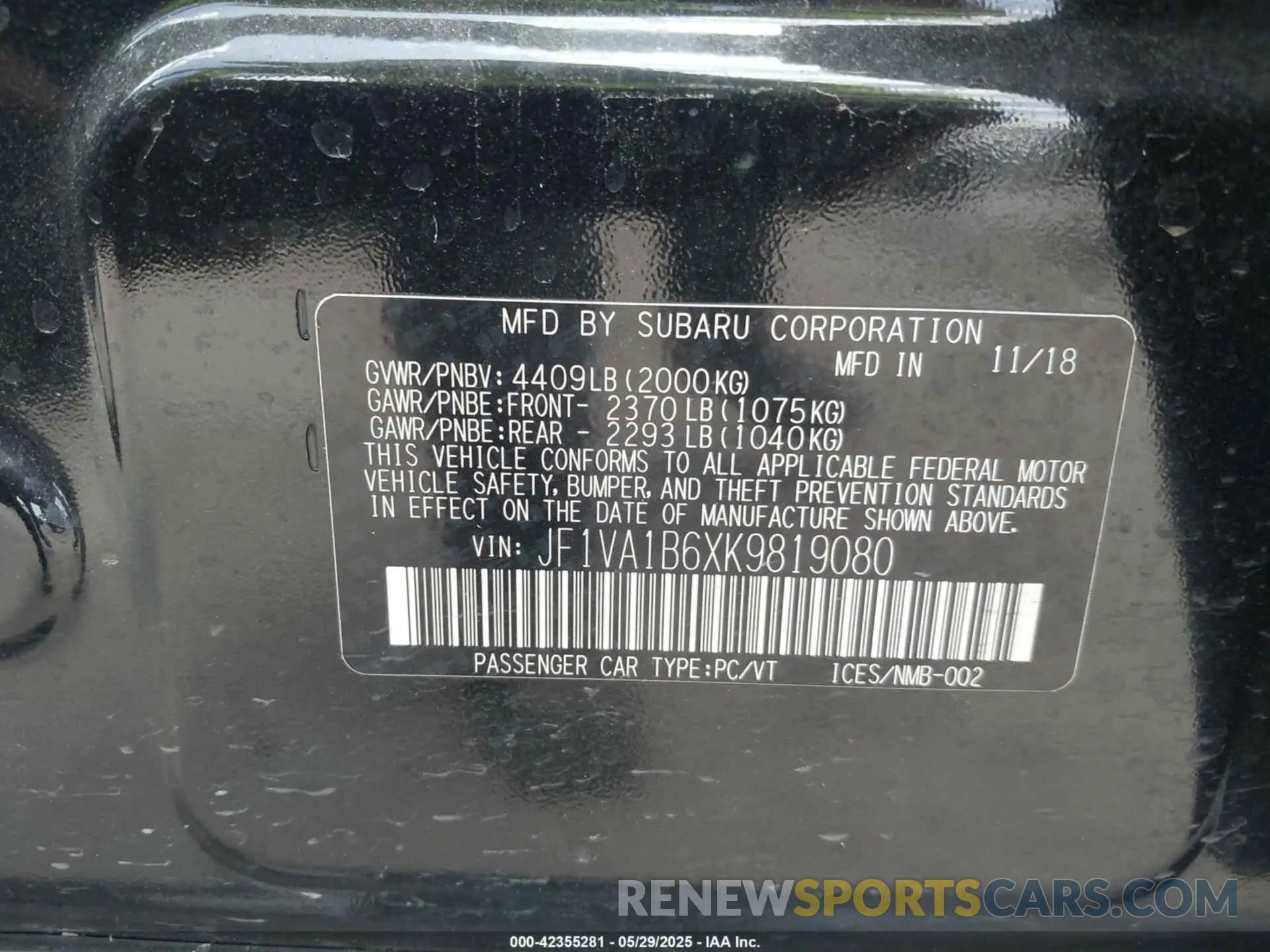 9 Фотография поврежденного автомобиля JF1VA1B6XK9819080 SUBARU WRX 2019