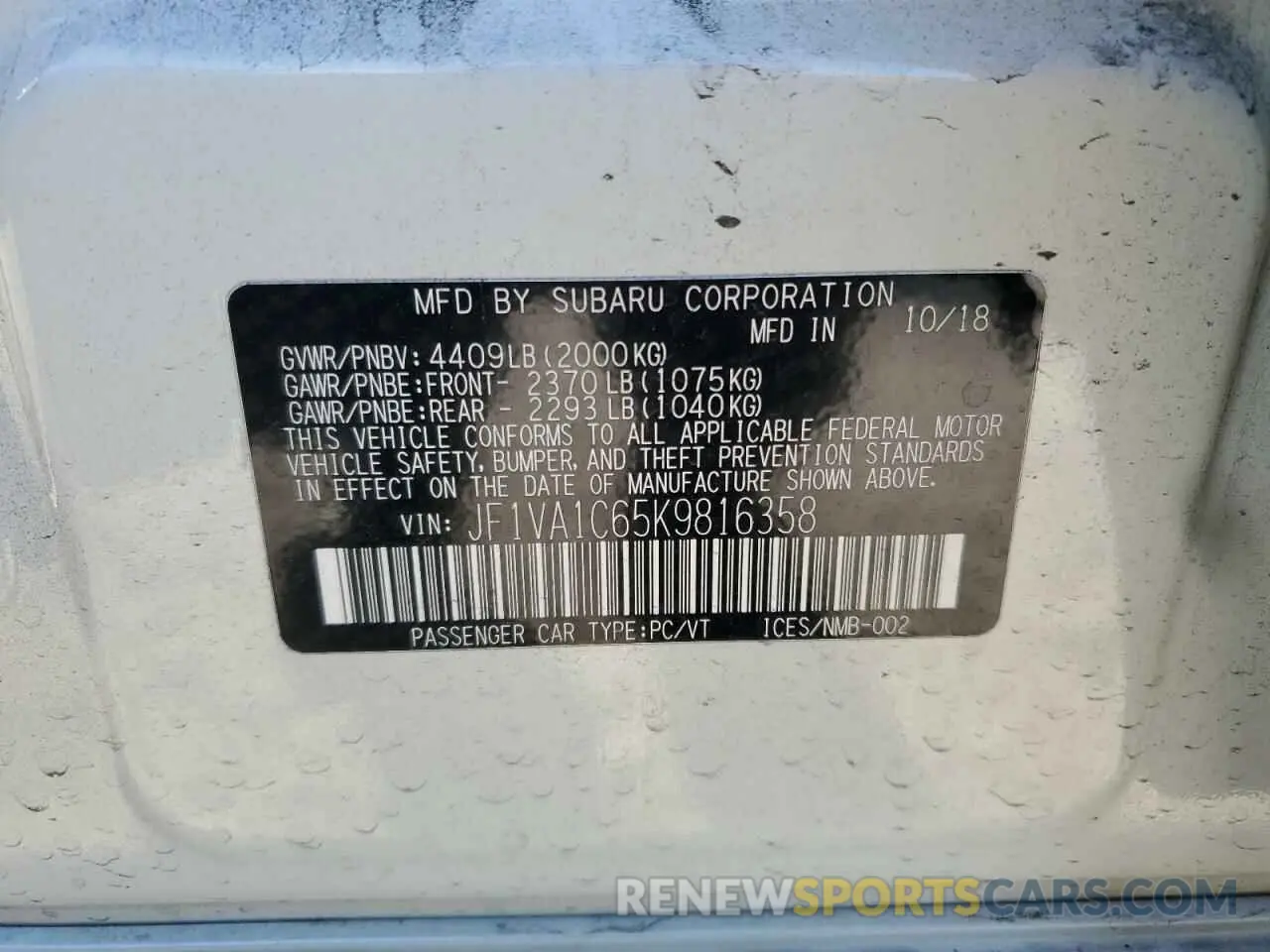 12 Photograph of a damaged car JF1VA1C65K9816358 SUBARU WRX 2019