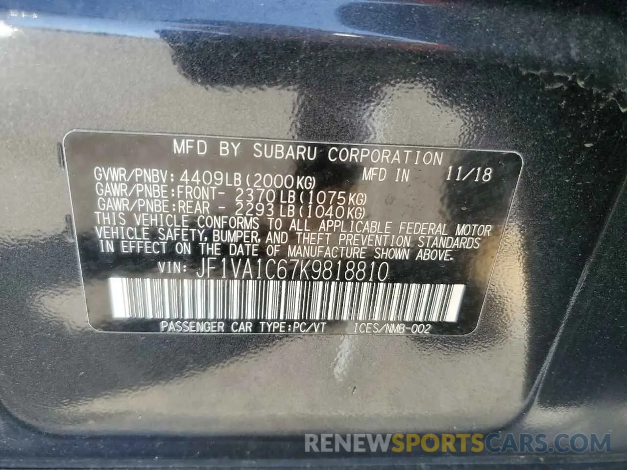 12 Photograph of a damaged car JF1VA1C67K9818810 SUBARU WRX 2019