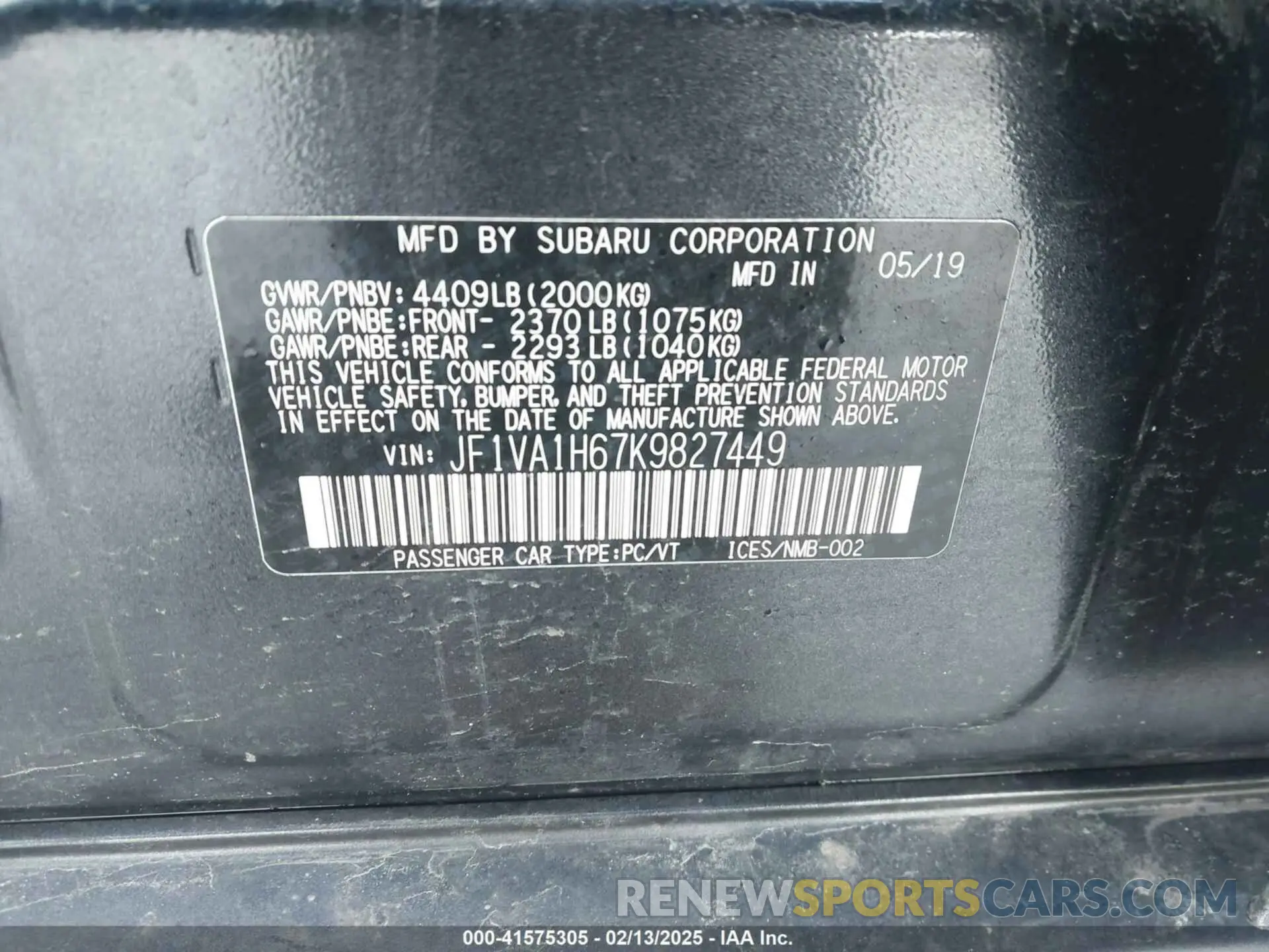 9 Photograph of a damaged car JF1VA1H67K9827449 SUBARU WRX 2019