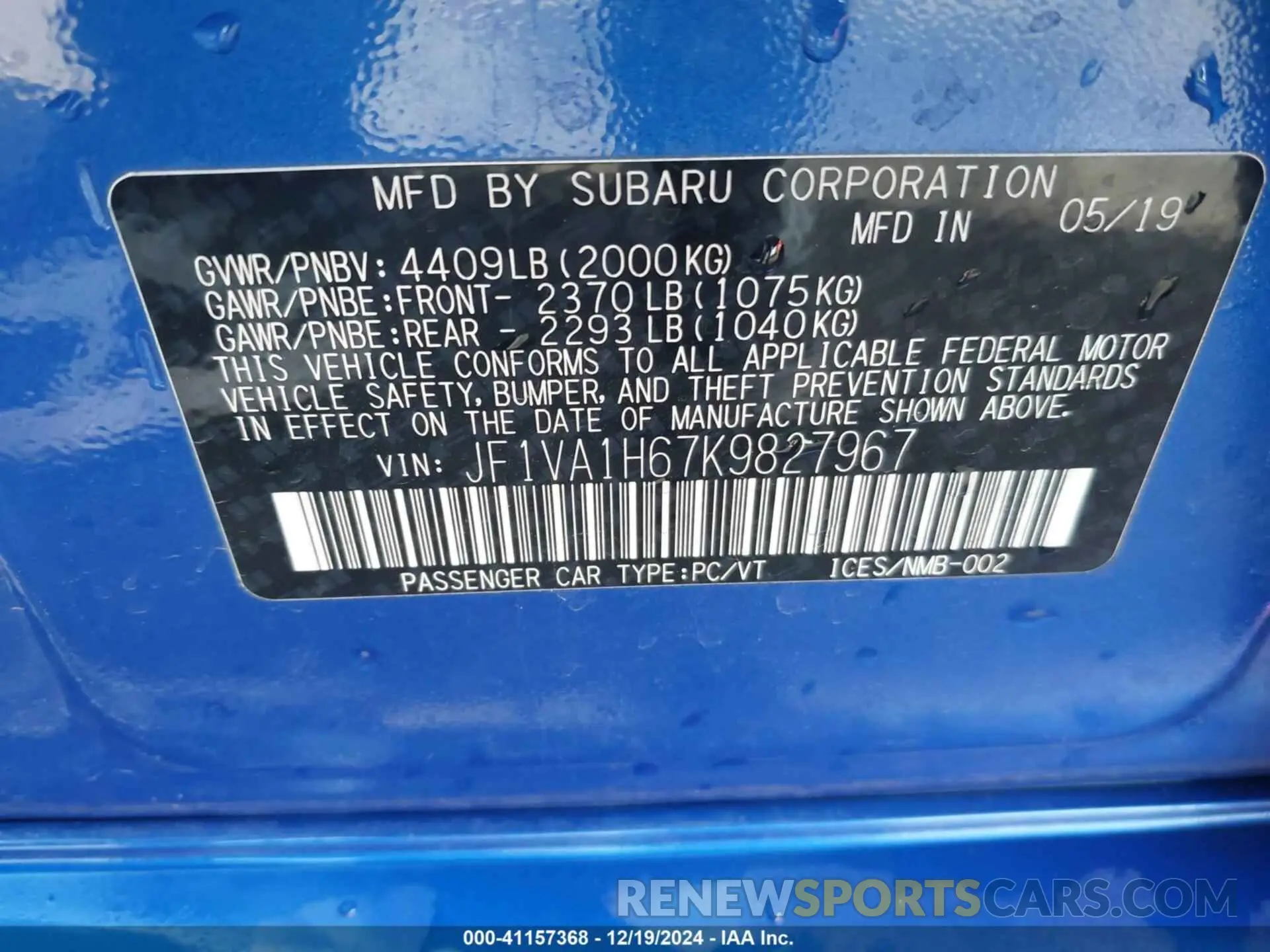 9 Photograph of a damaged car JF1VA1H67K9827967 SUBARU WRX 2019