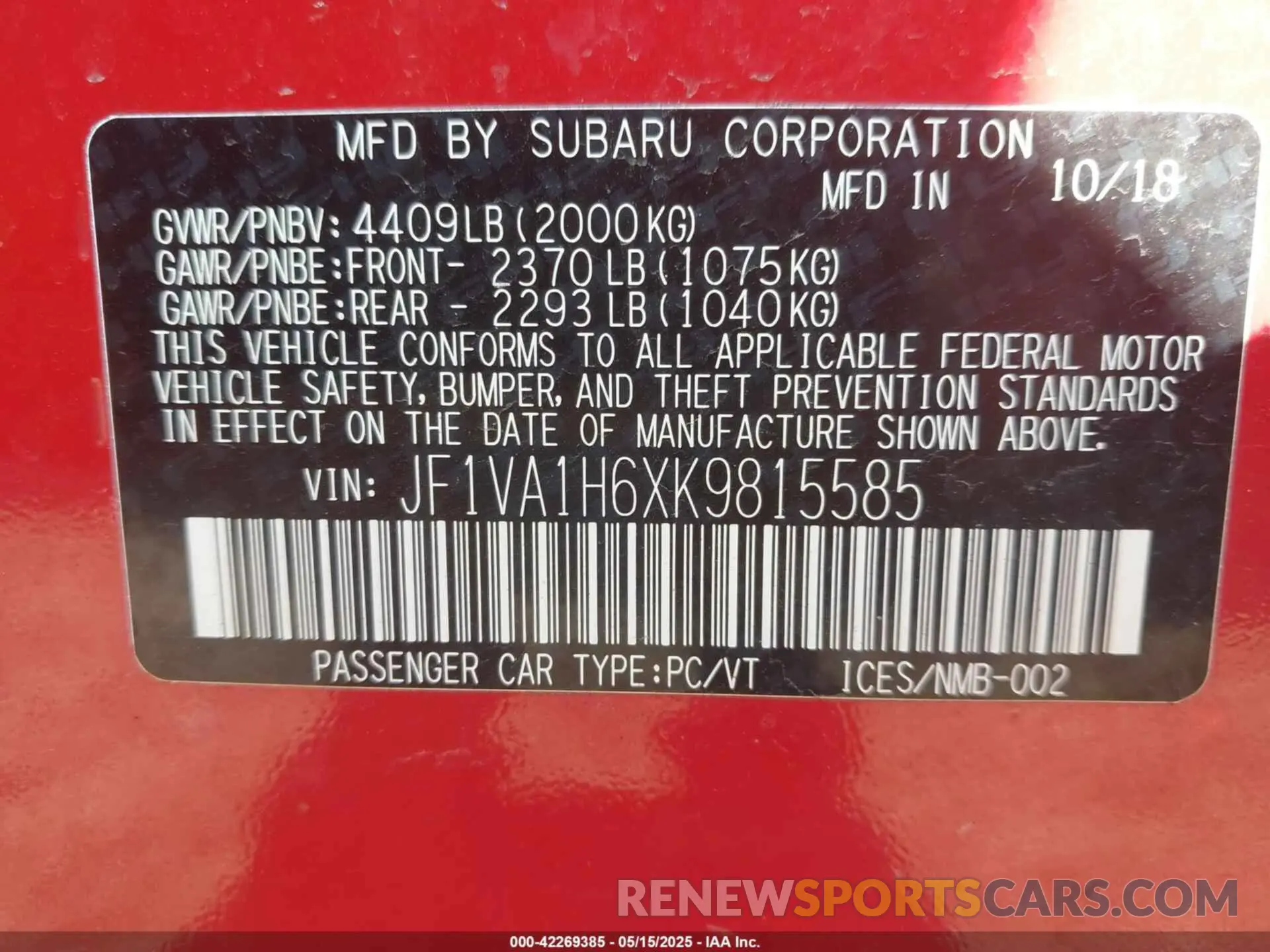 9 Photograph of a damaged car JF1VA1H6XK9815585 SUBARU WRX 2019