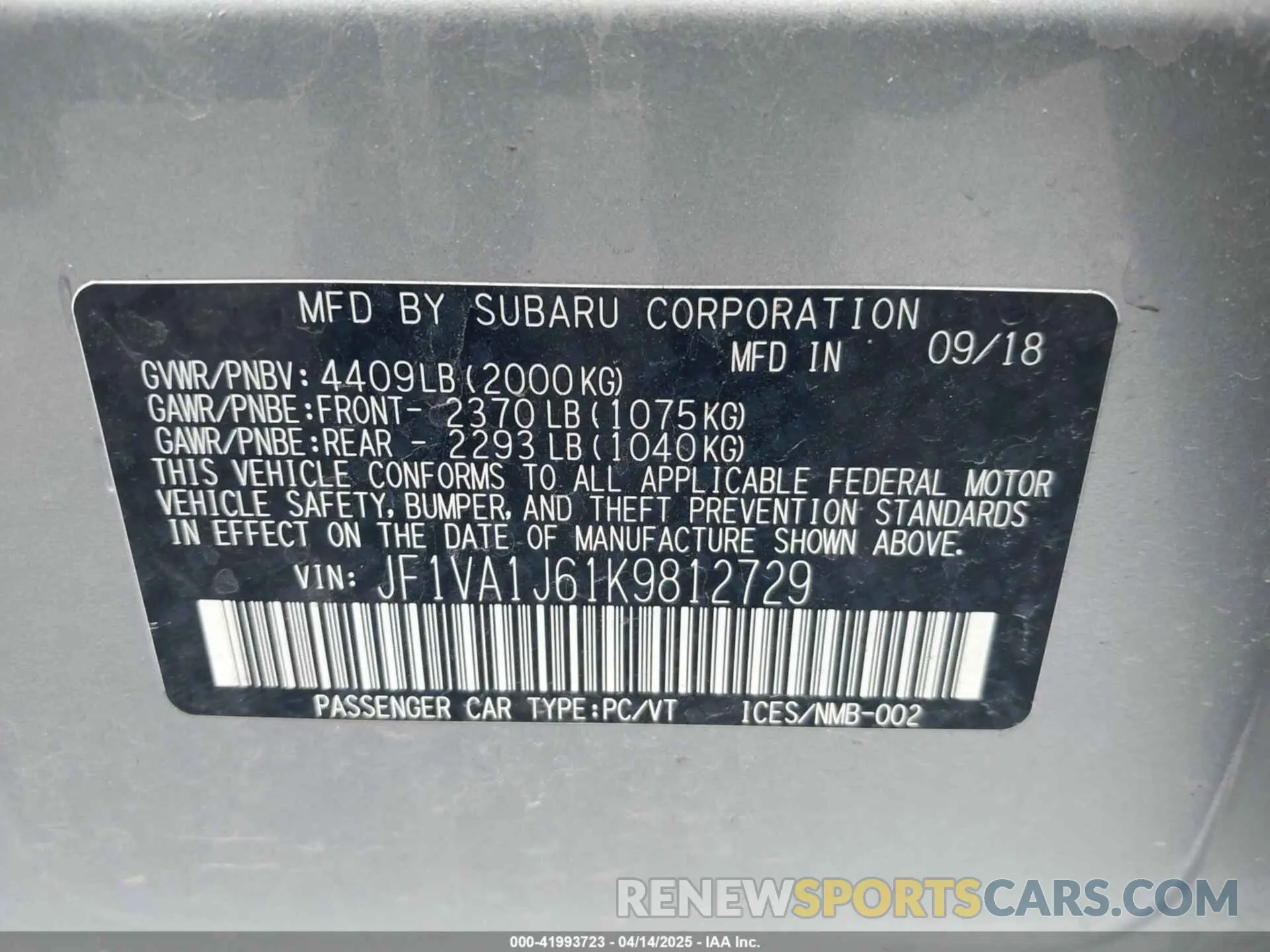9 Photograph of a damaged car JF1VA1J61K9812729 SUBARU WRX 2019