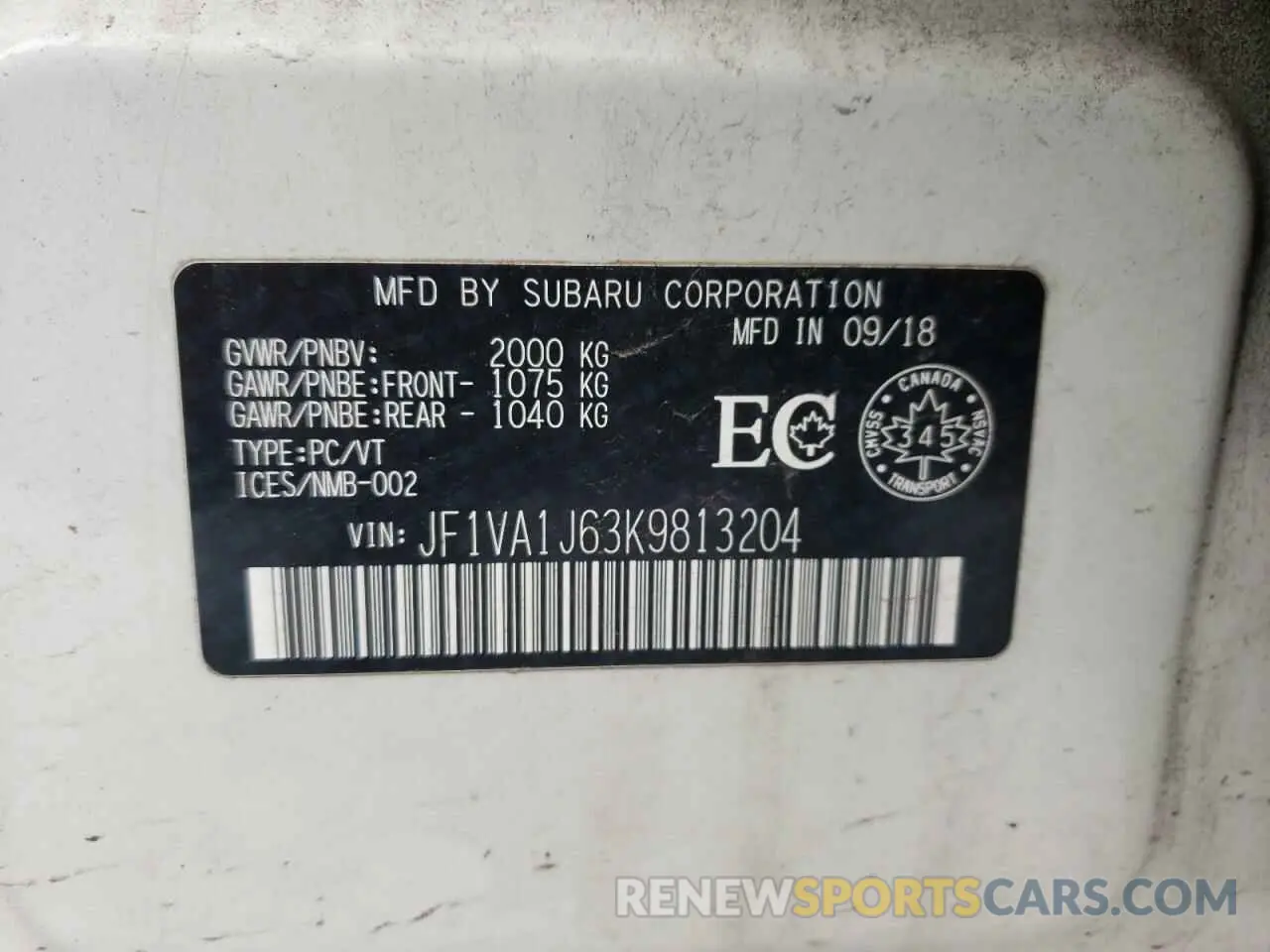 12 Photograph of a damaged car JF1VA1J63K9813204 SUBARU WRX 2019