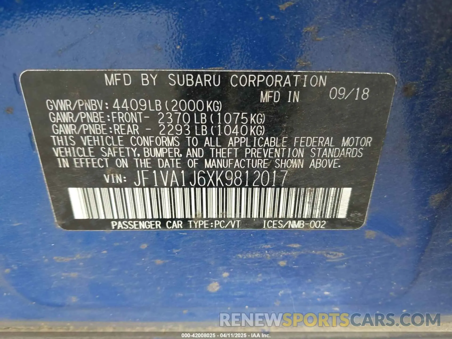 9 Фотография поврежденного автомобиля JF1VA1J6XK9812017 SUBARU WRX 2019