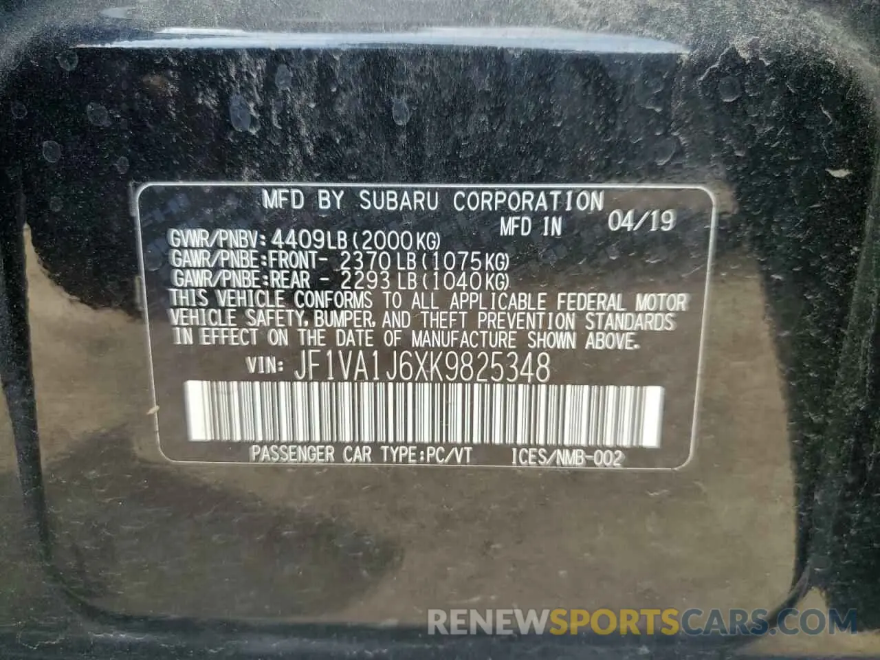 12 Фотография поврежденного автомобиля JF1VA1J6XK9825348 SUBARU WRX 2019