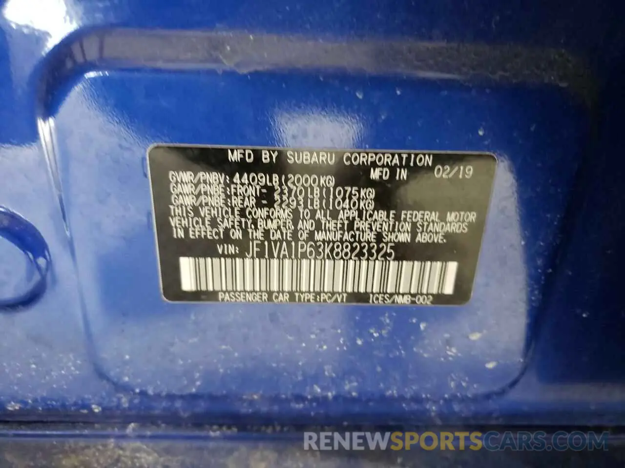 12 Photograph of a damaged car JF1VA1P63K8823325 SUBARU WRX 2019