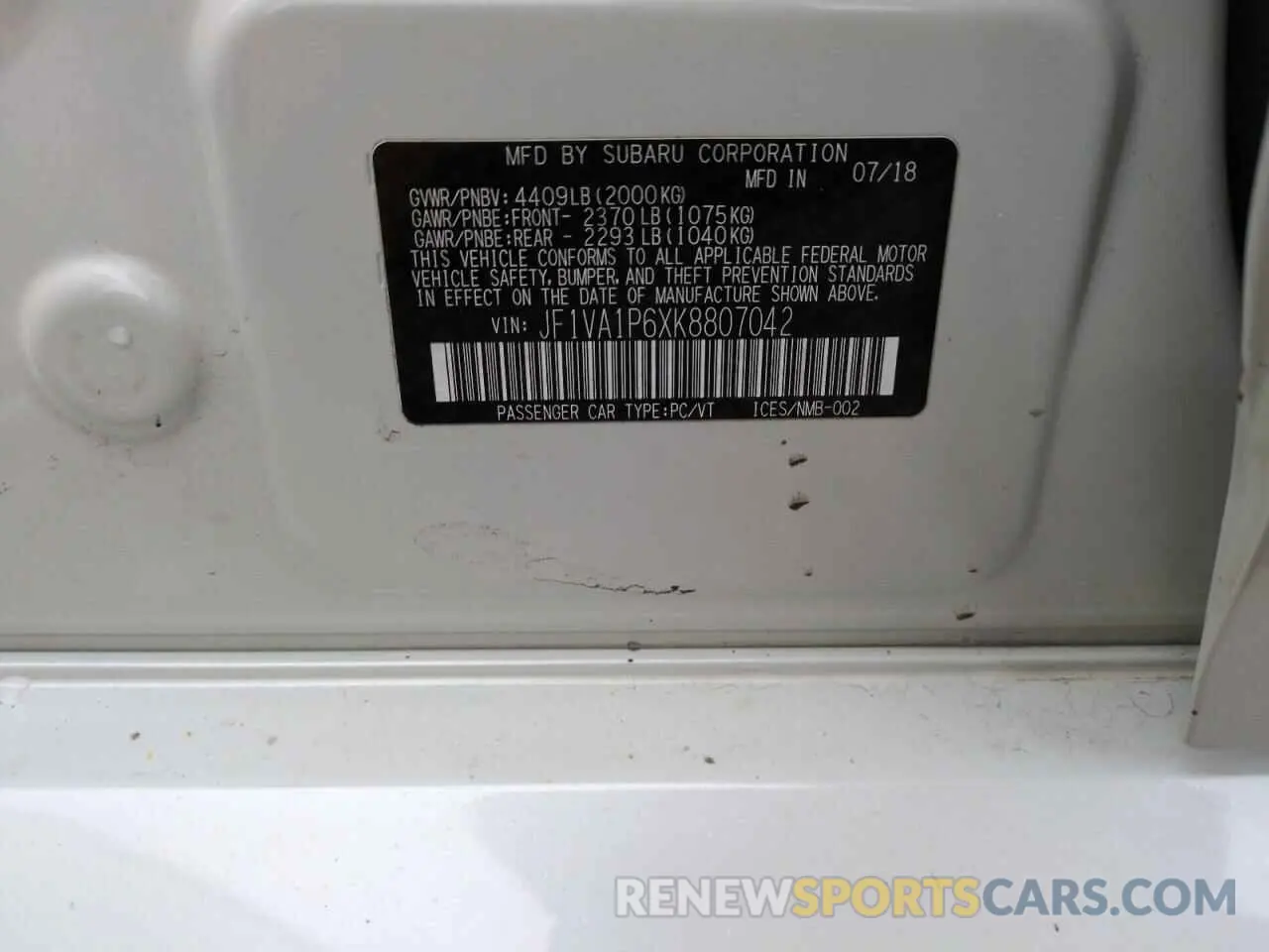12 Photograph of a damaged car JF1VA1P6XK8807042 SUBARU WRX 2019