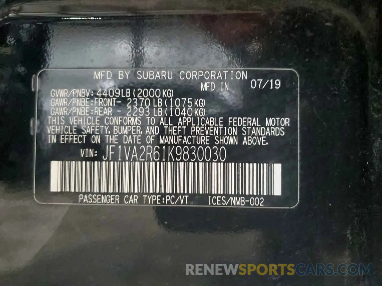 13 Фотография поврежденного автомобиля JF1VA2R61K9830030 SUBARU WRX 2019