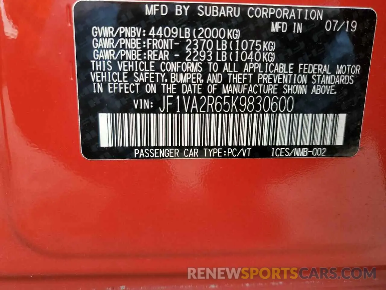 13 Фотография поврежденного автомобиля JF1VA2R65K9830600 SUBARU WRX 2019