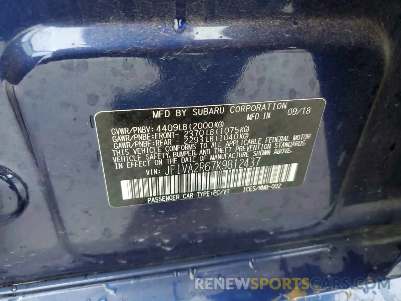 14 Photograph of a damaged car JF1VA2R67K9812437 SUBARU WRX 2019
