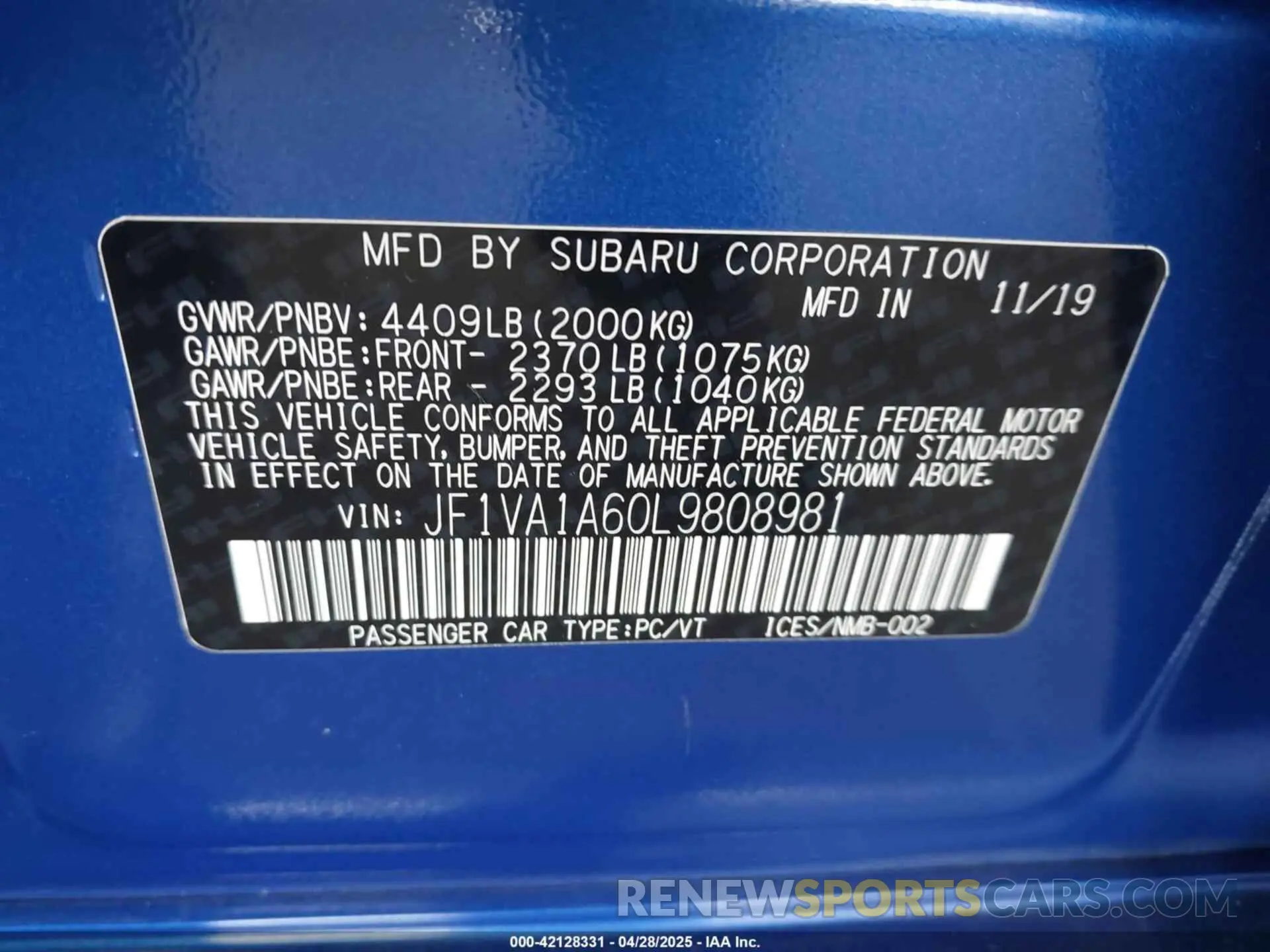 9 Фотография поврежденного автомобиля JF1VA1A60L9808981 SUBARU WRX 2020