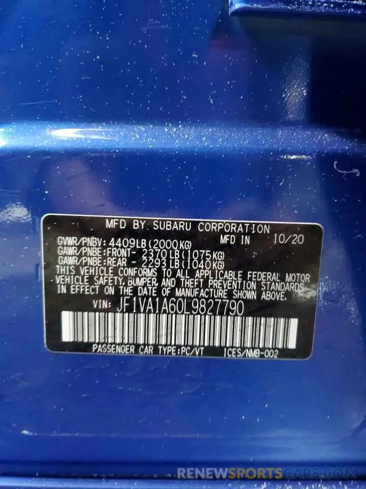 13 Photograph of a damaged car JF1VA1A60L9827790 SUBARU WRX 2020