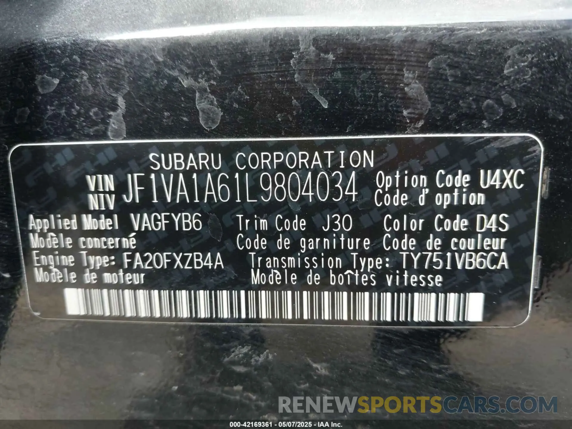 9 Photograph of a damaged car JF1VA1A61L9804034 SUBARU WRX 2020