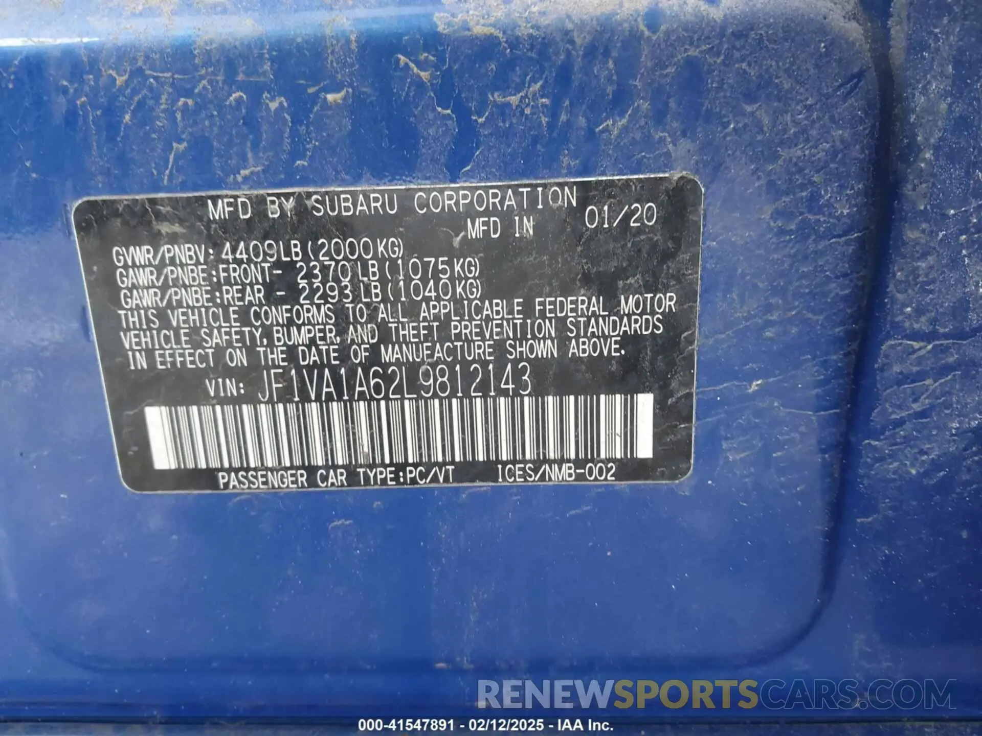 9 Photograph of a damaged car JF1VA1A62L9812143 SUBARU WRX 2020