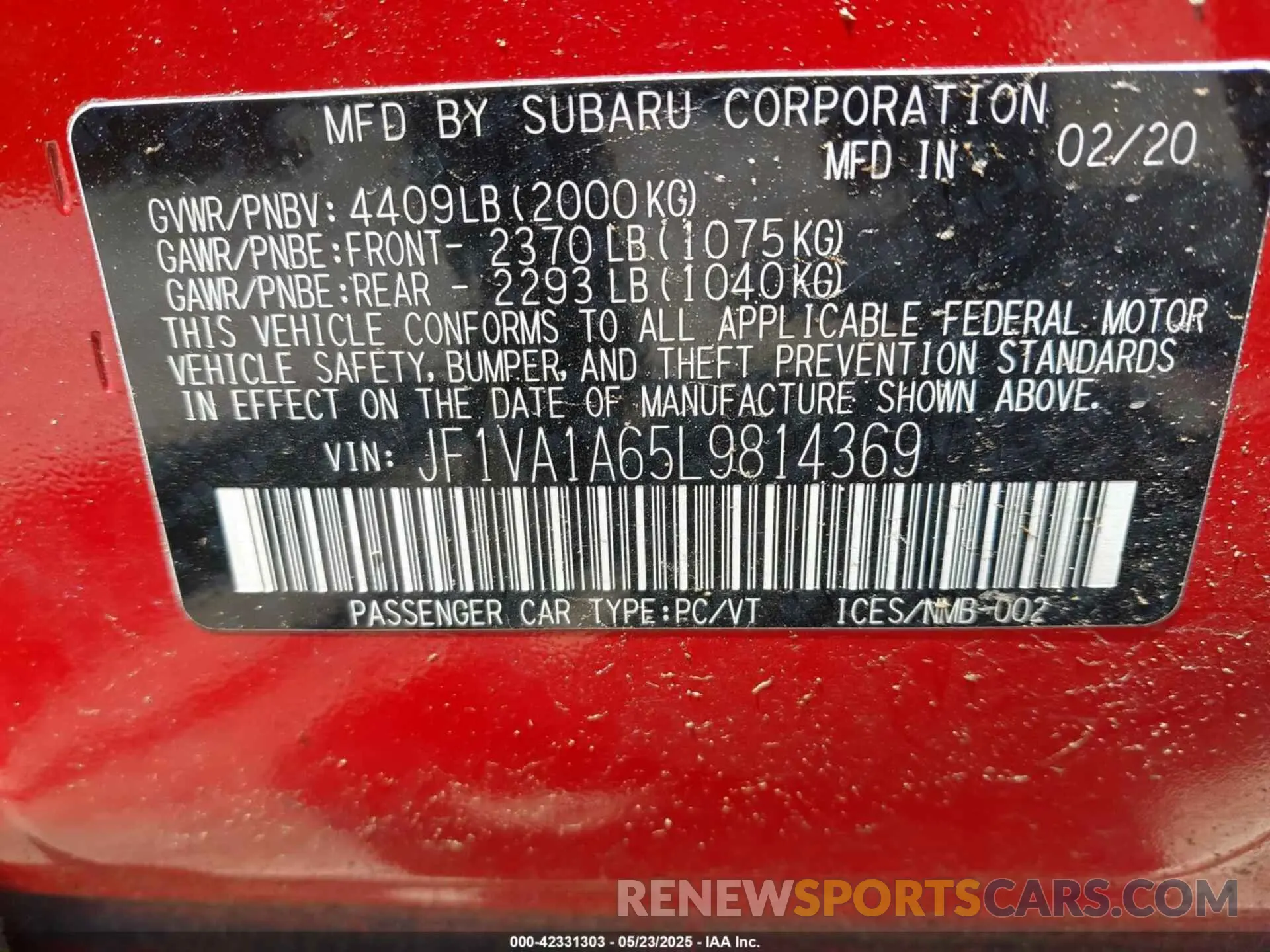 9 Photograph of a damaged car JF1VA1A65L9814369 SUBARU WRX 2020