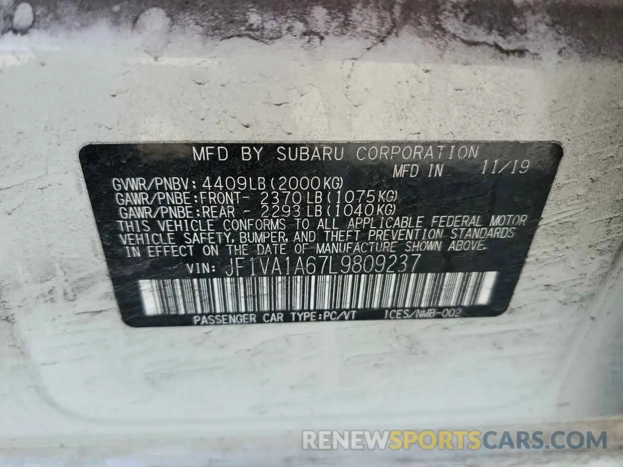 12 Photograph of a damaged car JF1VA1A67L9809237 SUBARU WRX 2020