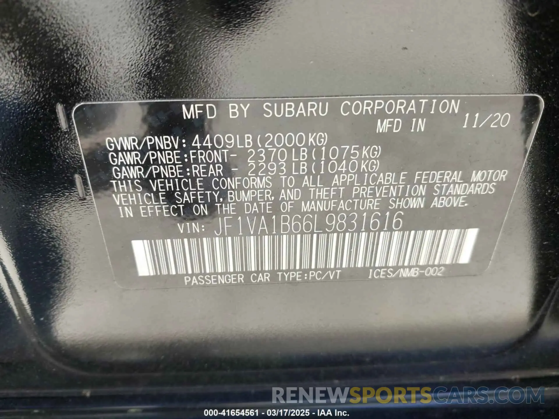 9 Photograph of a damaged car JF1VA1B66L9831616 SUBARU WRX 2020