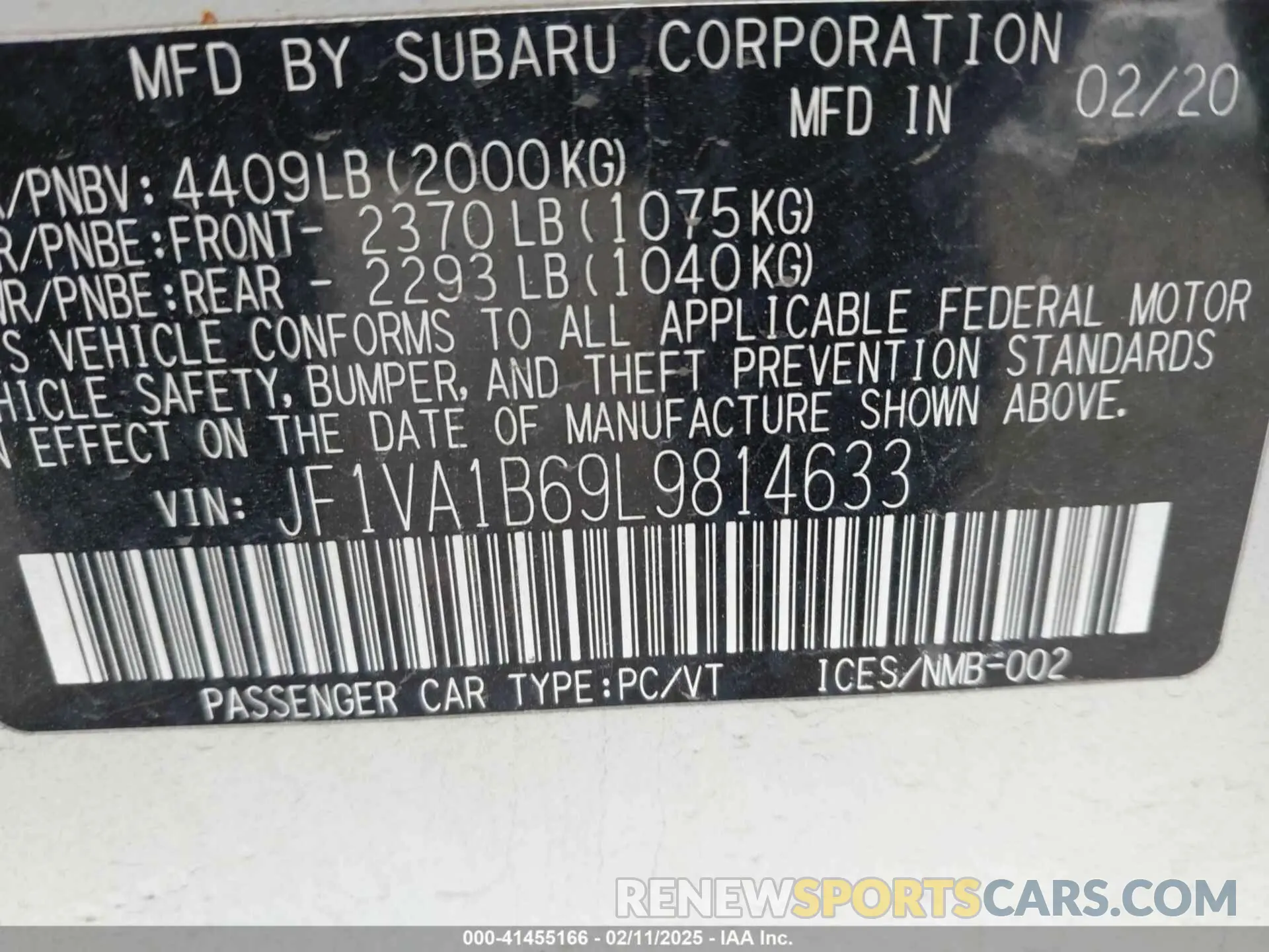 9 Photograph of a damaged car JF1VA1B69L9814633 SUBARU WRX 2020