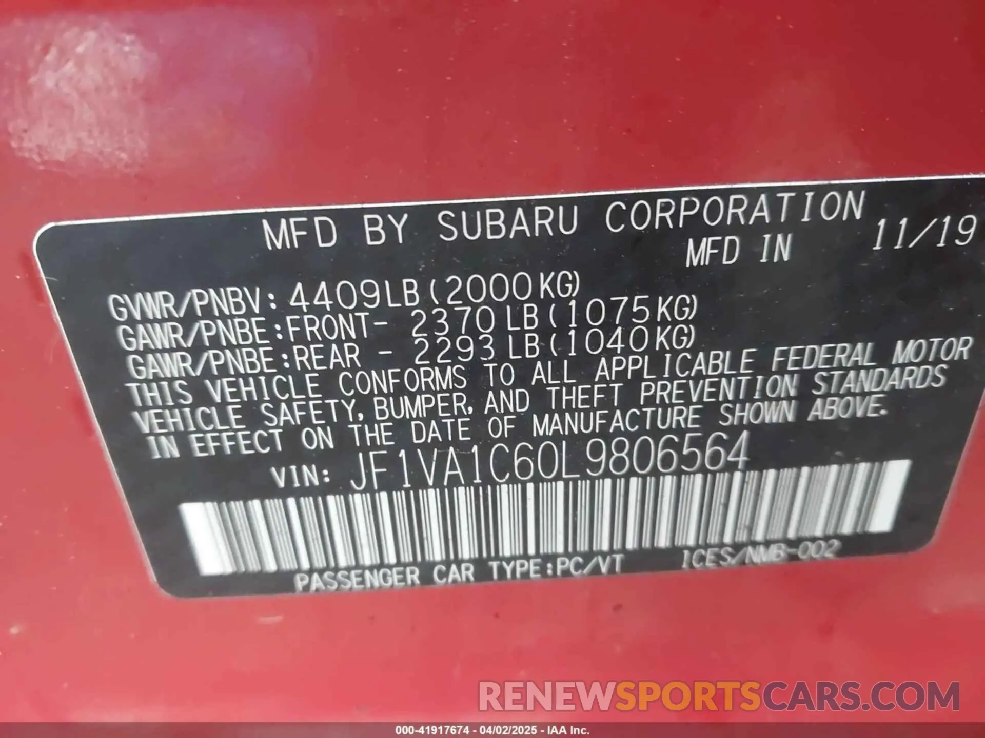 9 Фотография поврежденного автомобиля JF1VA1C60L9806564 SUBARU WRX 2020